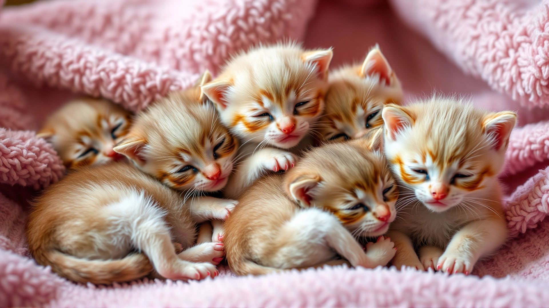 Litter of newborn kittens snuggled together on a soft blanket, warm lighting, high-resolution, no text