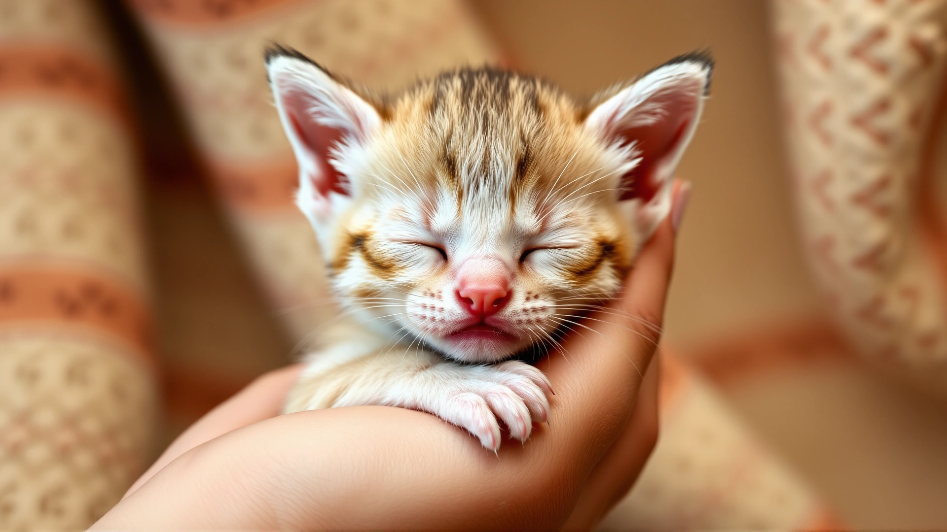 Close-up photo of a newborn kitten with closed eyes being gently cupped in human hands against a warm blanket background