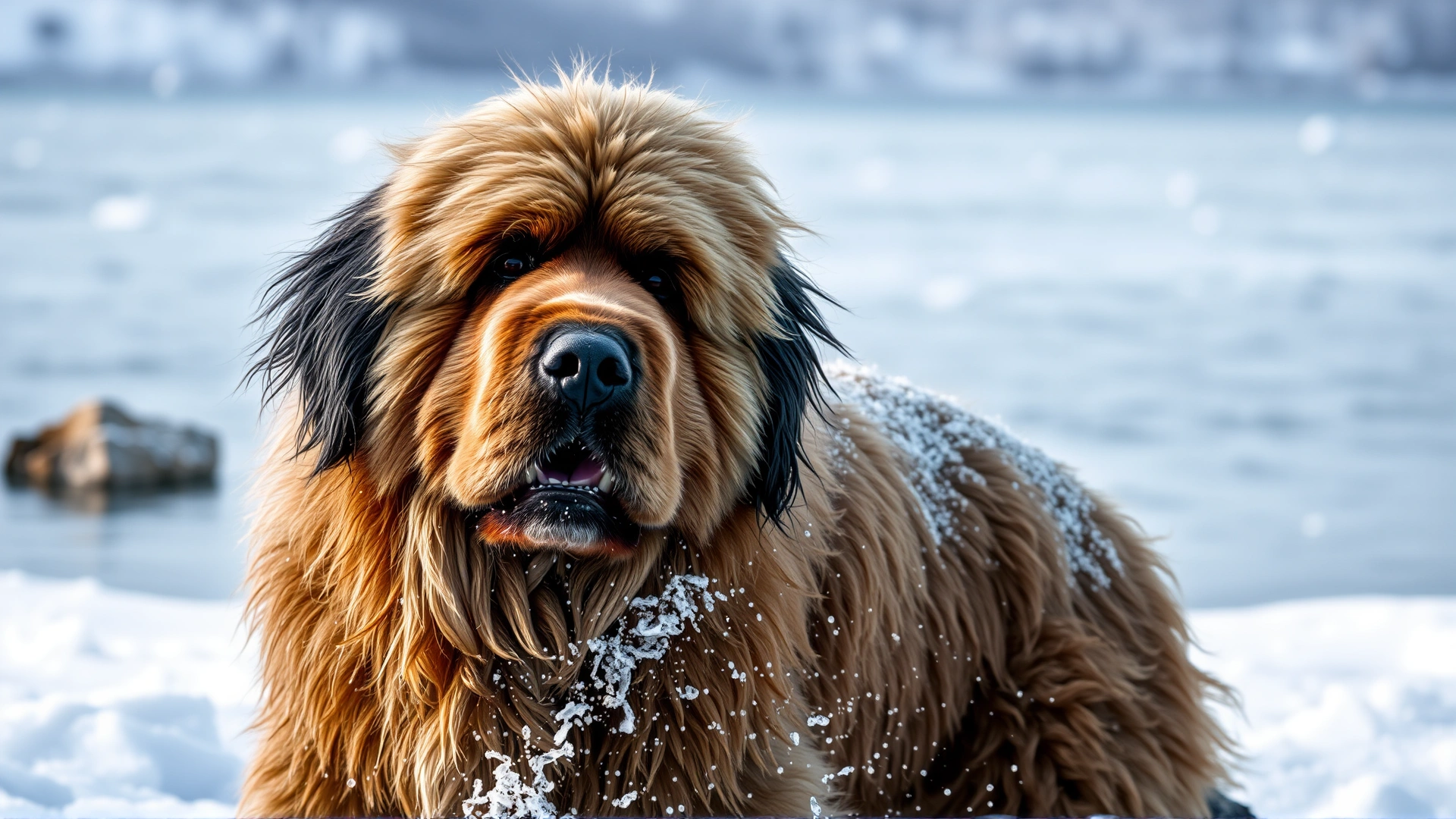Newfoundland dog shaking off water and snow near an icy lakeshore, highlighting its wet, thick coat.