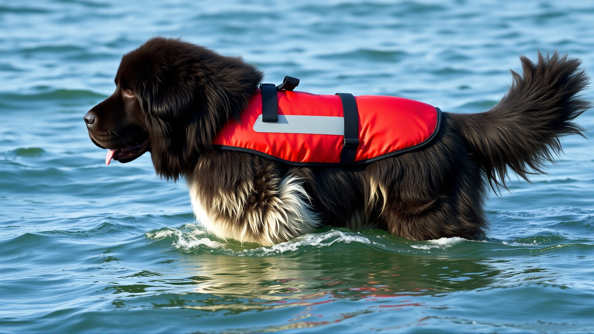 Large Newfoundland dog wearing a red rescue vest, paddling confidently in slightly wavy ocean water.