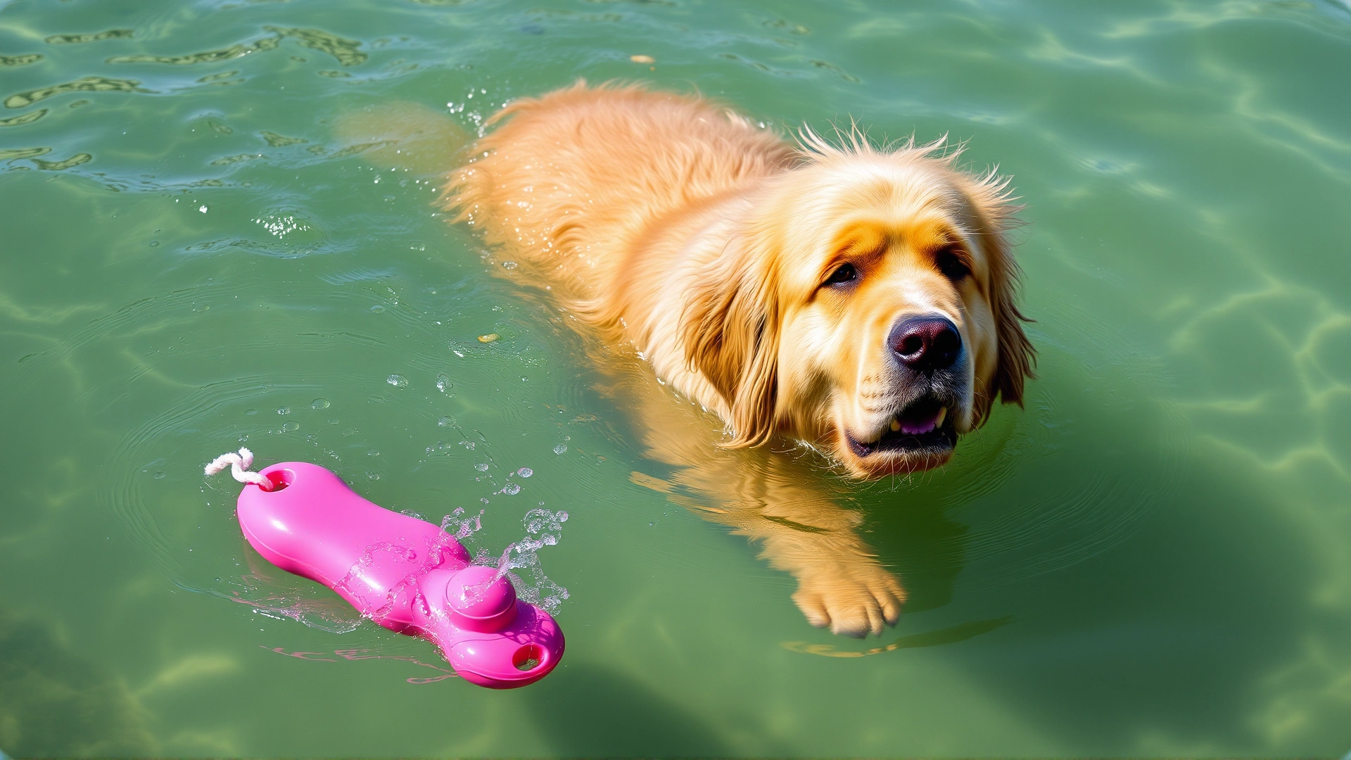 A Newfoundland swimming in clear water retrieving a floating toy, wet coat shining.