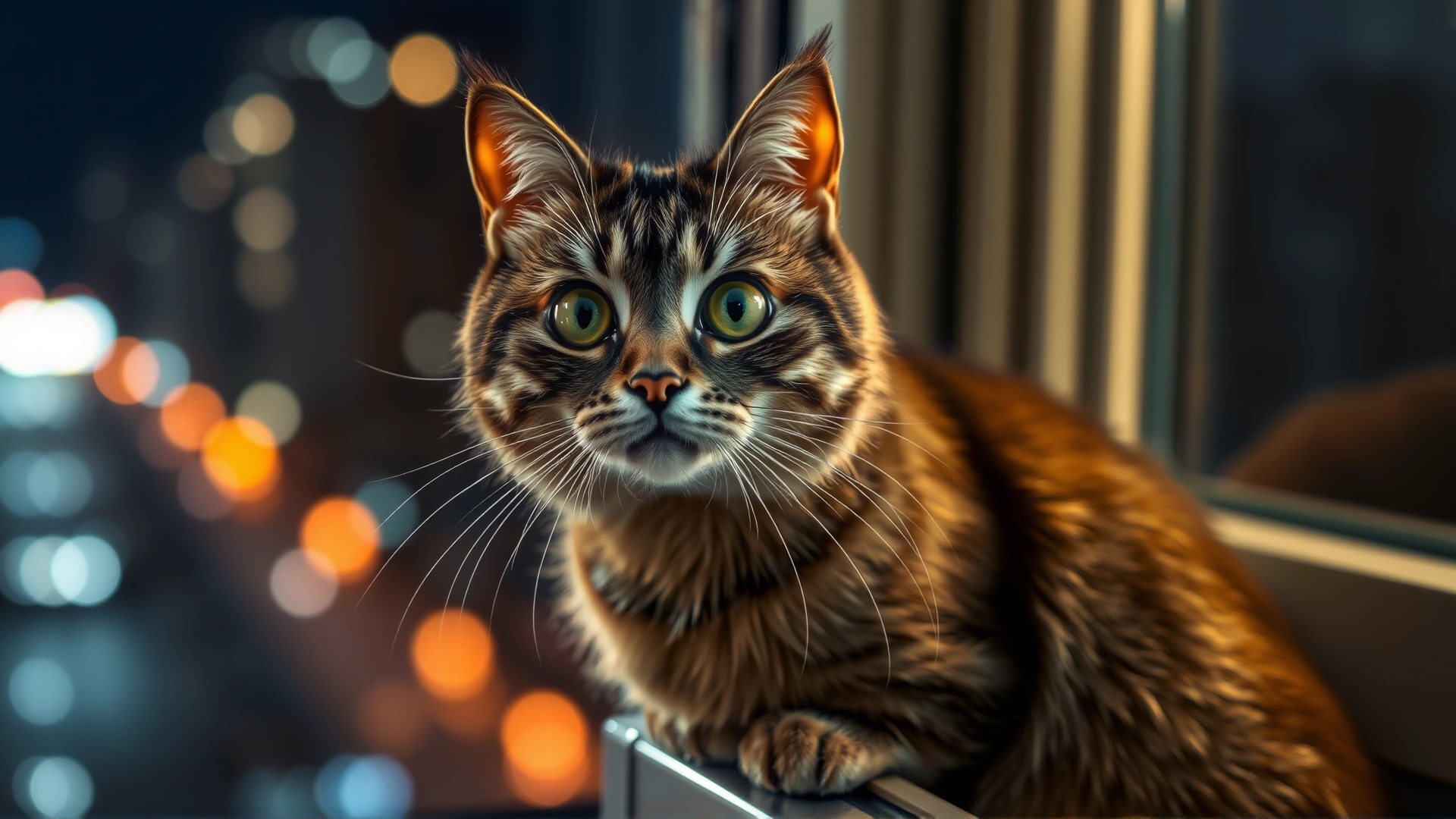 A wide-eyed cat perched on a windowsill at night with city lights softly blurred in the background