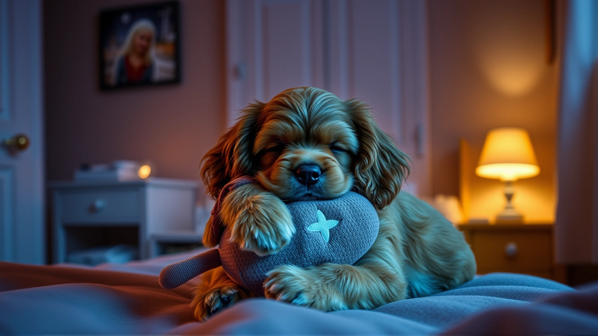 Small sleeping Cocker Spaniel puppy cuddling a plush heartbeat toy inside a dimly lit bedroom to convey night-time comfort strategies.