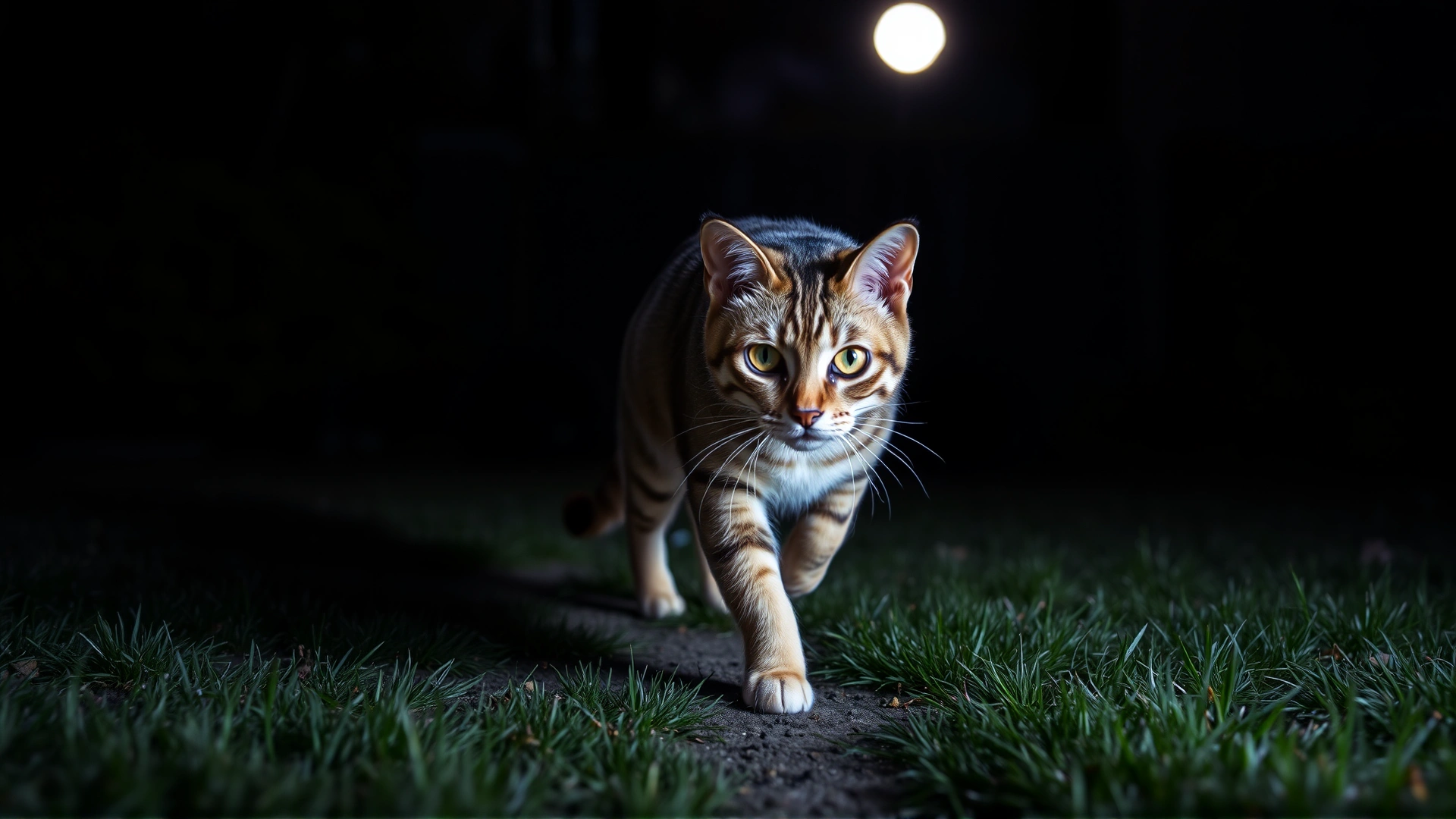 Domestic cat walking stealthily in a dimly lit backyard at night, eyes slightly glowing, subtle moonlight