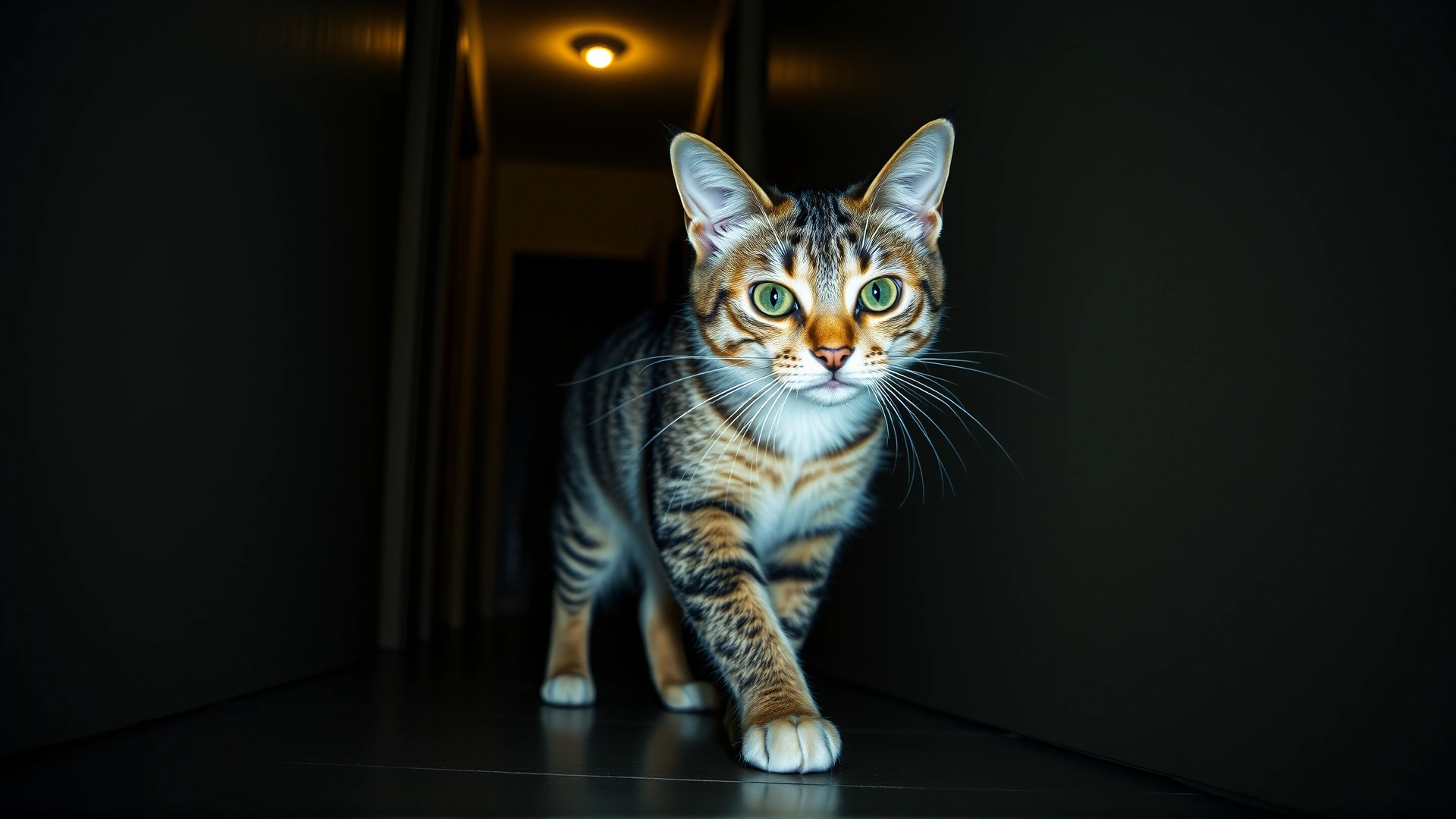 Domestic cat cautiously walking through a dimly lit hallway at night, whiskers forward, demonstrating night blindness