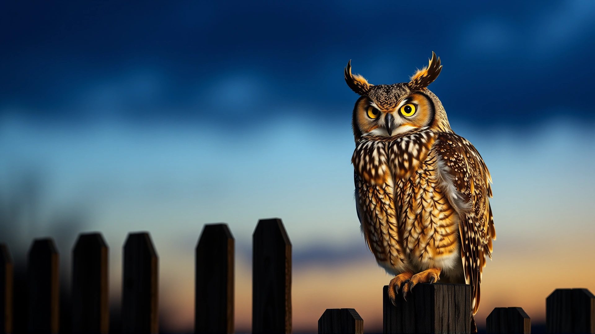 Great horned owl perched on a wooden fence at dusk with soft dramatic lighting