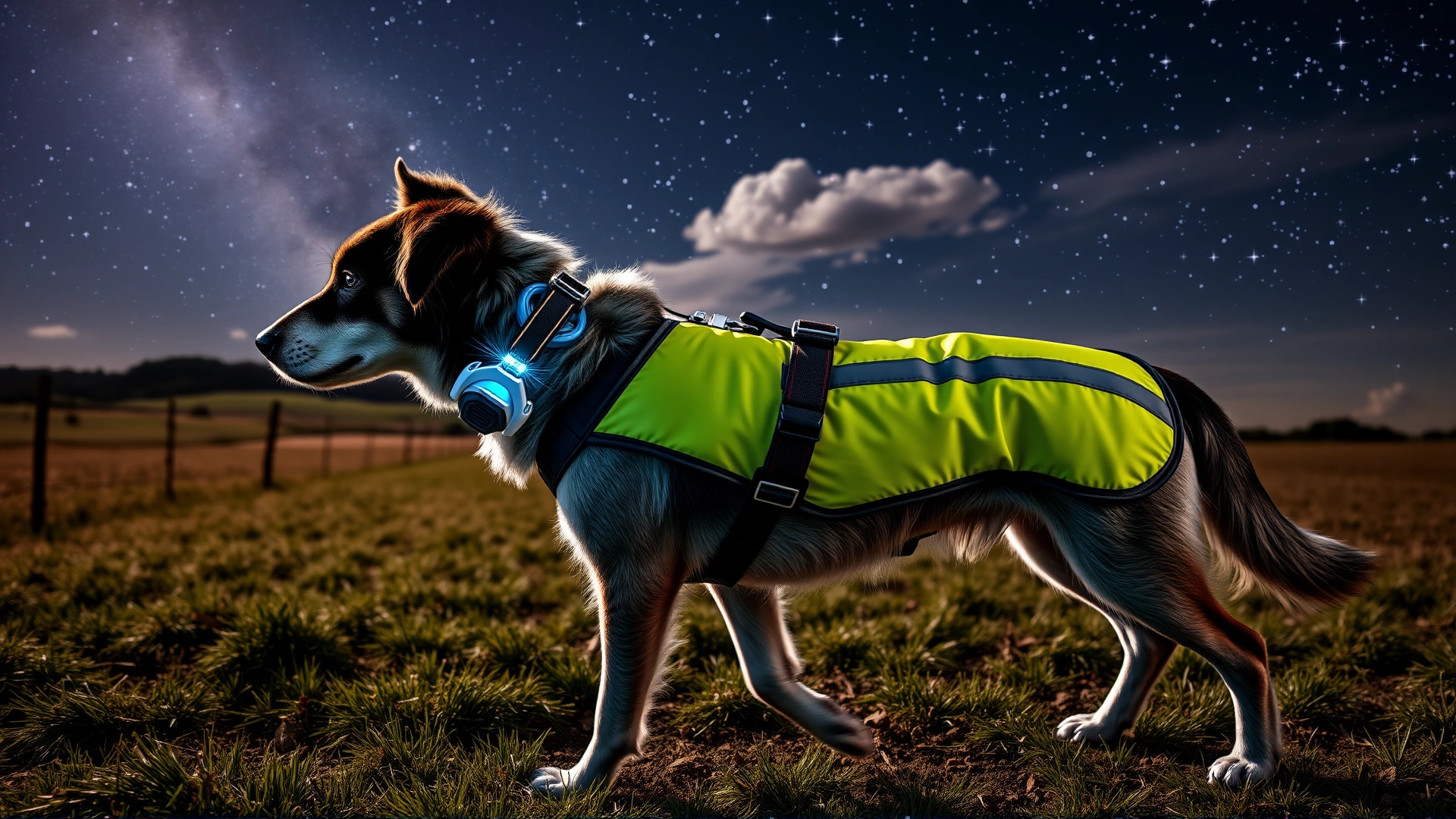 Dog wearing a reflective vest and LED collar walking next to its owner under a starry rural night sky