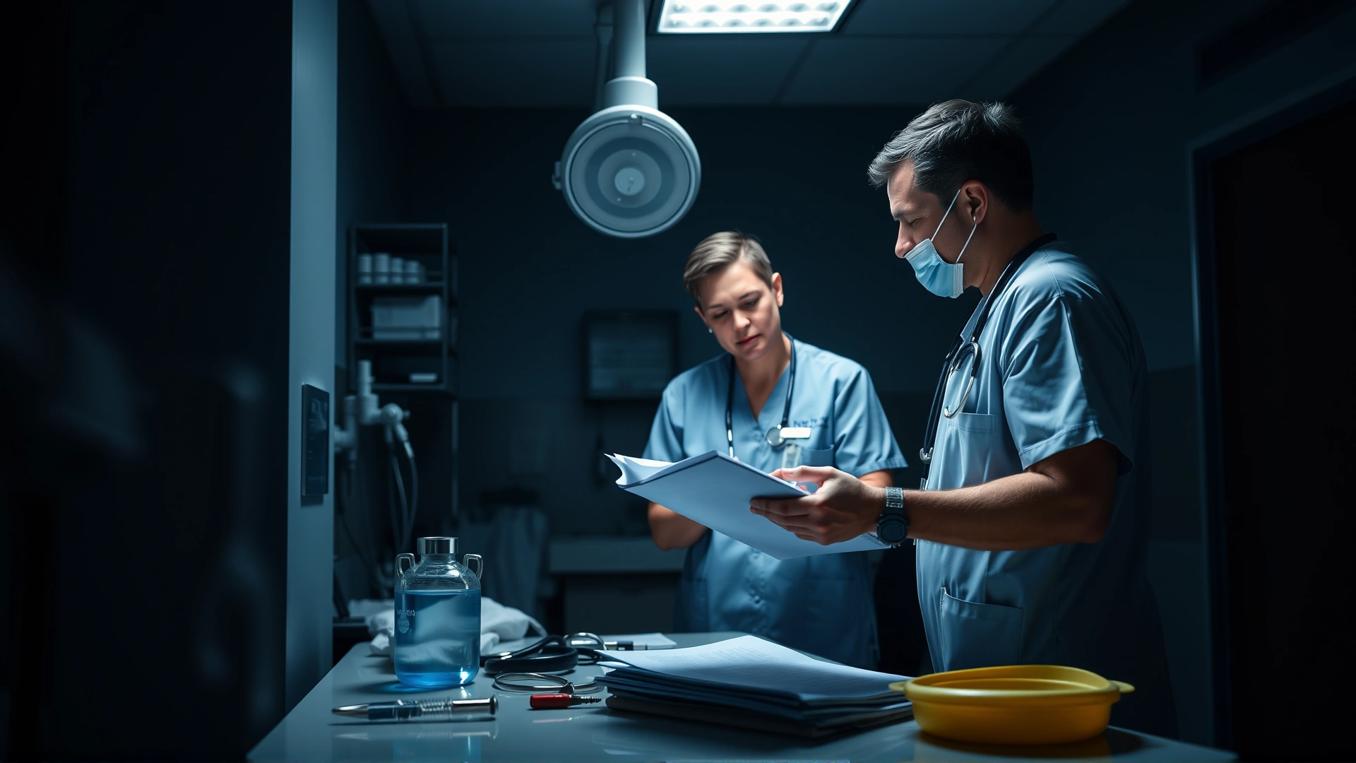 Group of nighttime veterinary staff—two technicians and a veterinarian—in scrubs reviewing patient charts at a central nursing station, dimmed clinical lighting