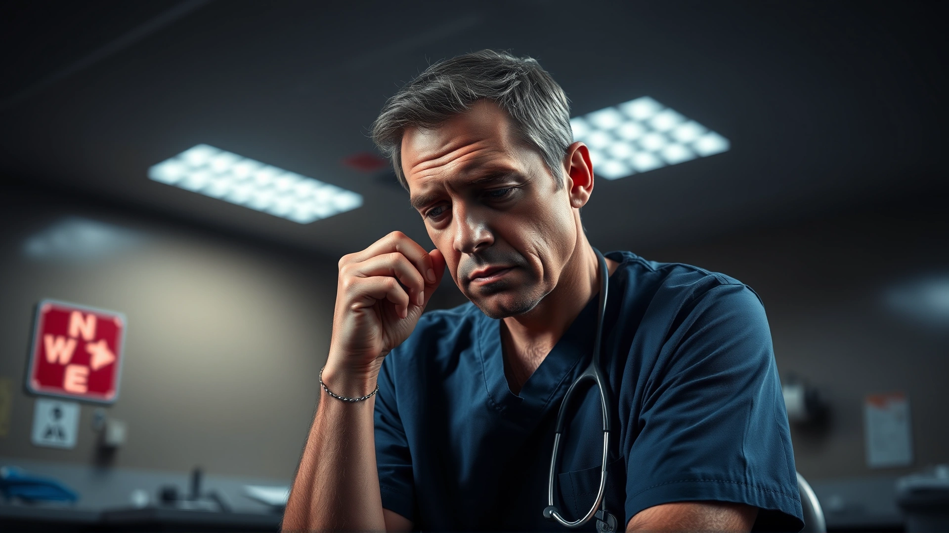 Exhausted veterinarian in scrubs sitting in a dimly lit clinic at night, with an emergency call light in the background