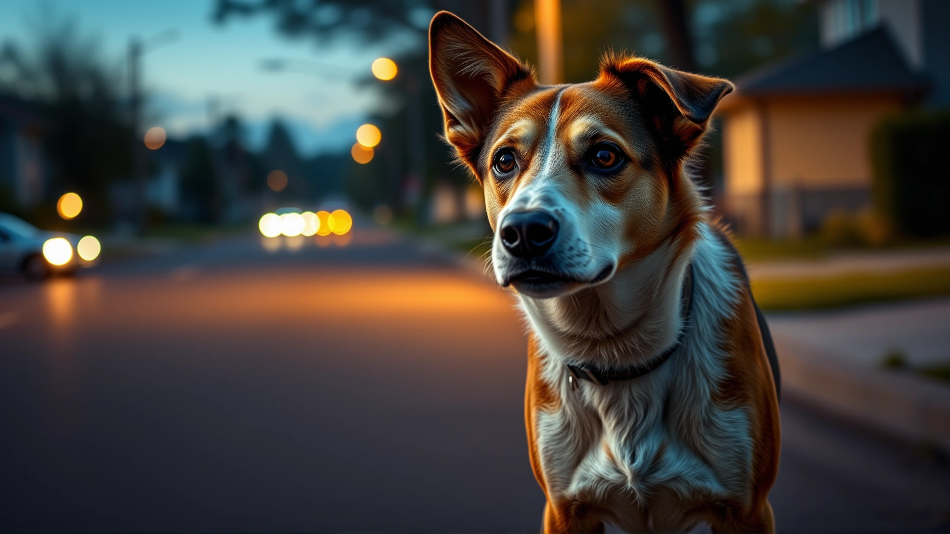 Dog walking on a dimly lit suburban street at dusk with subtle eye-shine, warm evening tones, no text