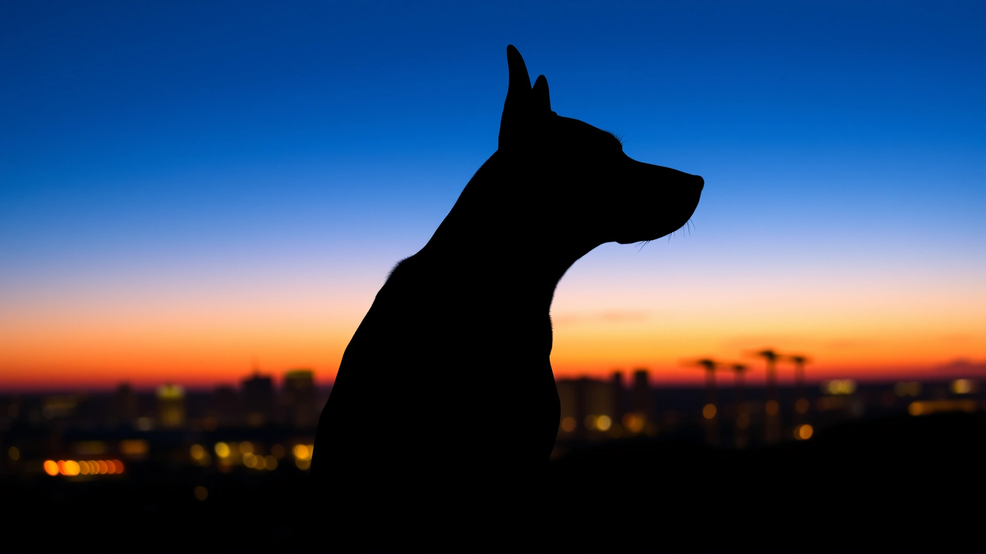 Silhouette of a dog standing alert at dusk with city lights softly glowing in the distance, conveying night vision capability.