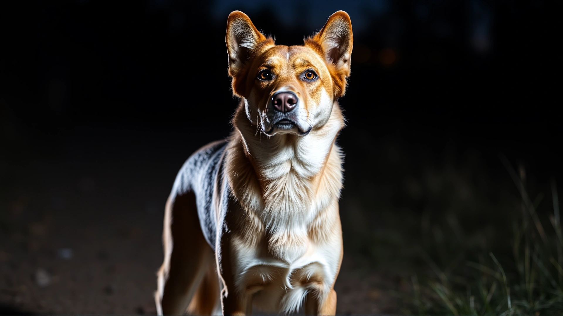 Dog standing alert at dusk, dimly lit environment, illustrating night vision capability