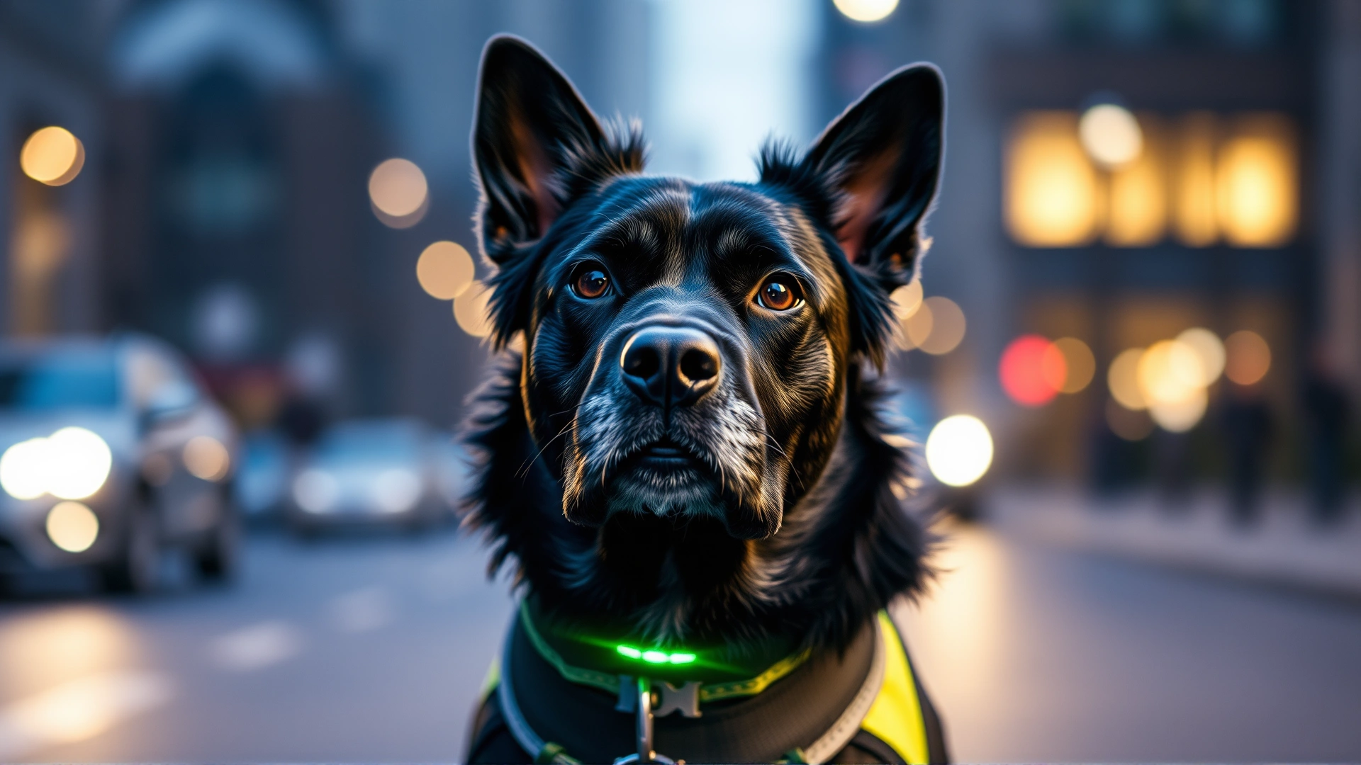 Wide shot of a dark-coated dog wearing a reflective vest and LED collar during an evening walk along a softly lit city street, bokeh lights in the background.