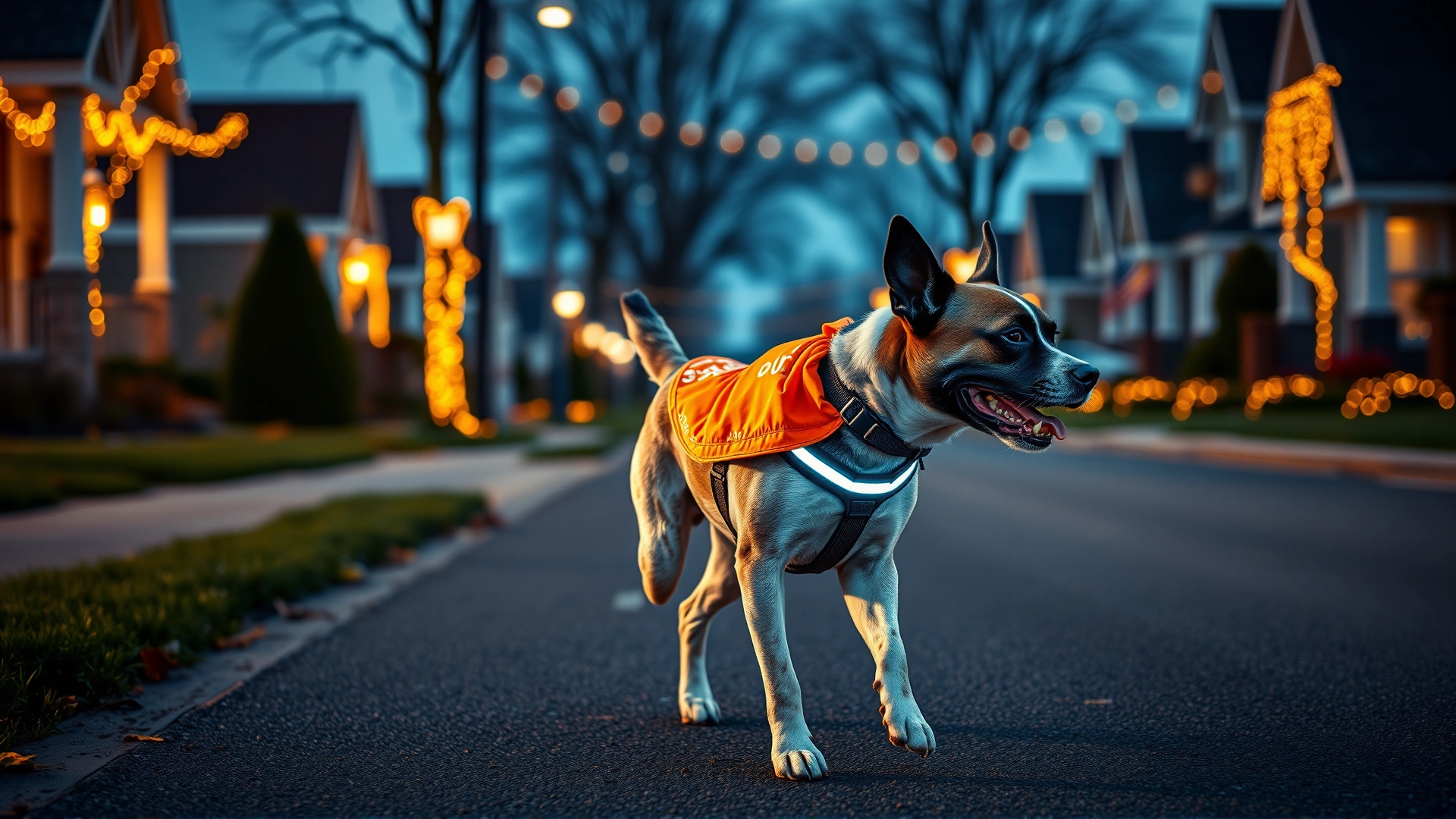 Dog wearing a reflective harness and orange bandana walking on a suburban street at dusk with Halloween decorations lightly blurred in the background