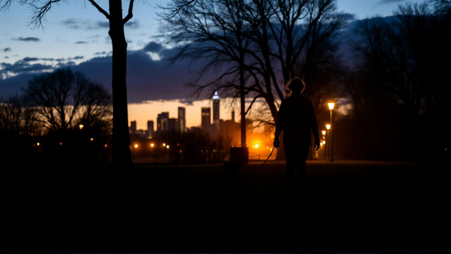 A backlit silhouette of a dog and owner walking along a dimly lit park path at dusk, city skyline in background