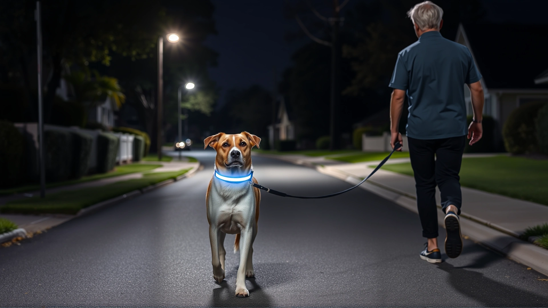 Owner walking a dog with an LED collar along a quiet suburban street at night, showcasing safety measures for nighttime outings.