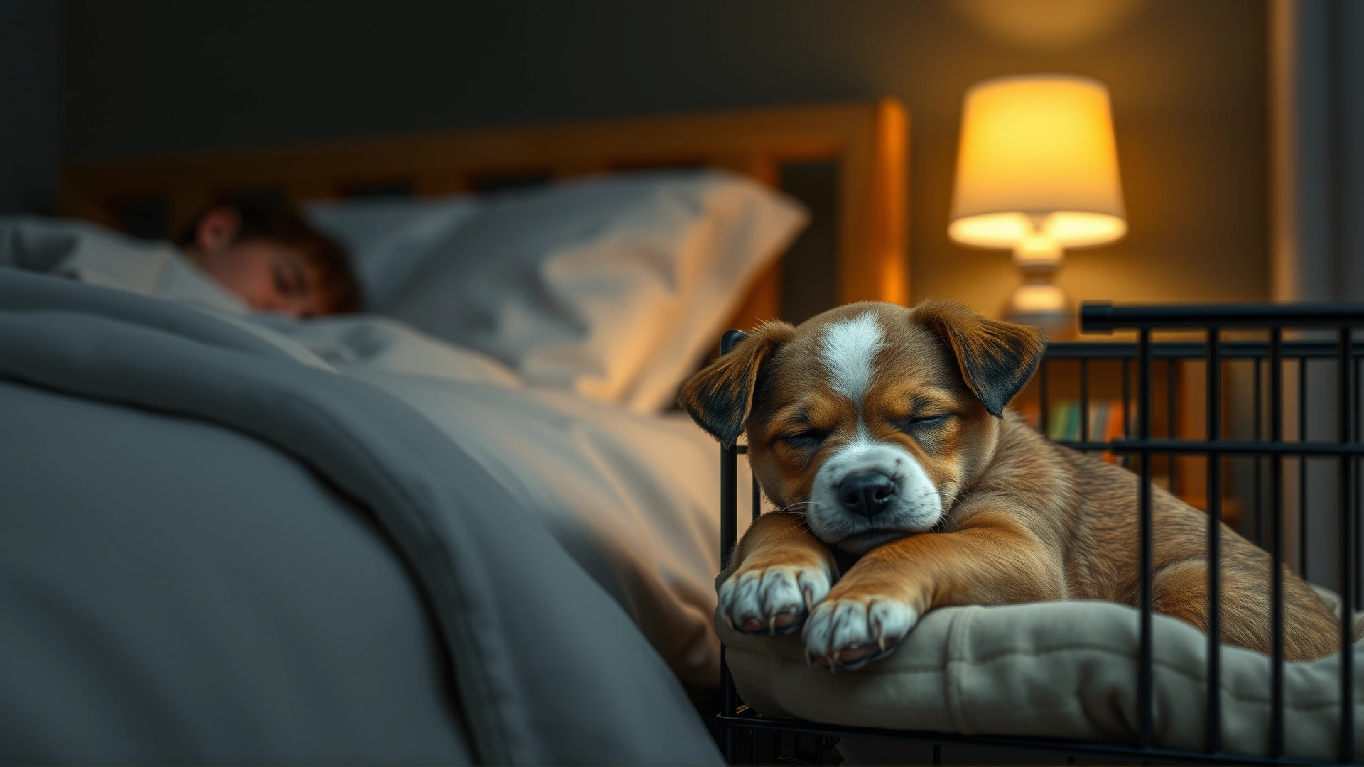 A small puppy sleeping peacefully in a crate next to a human bed at night with soft warm lamp light