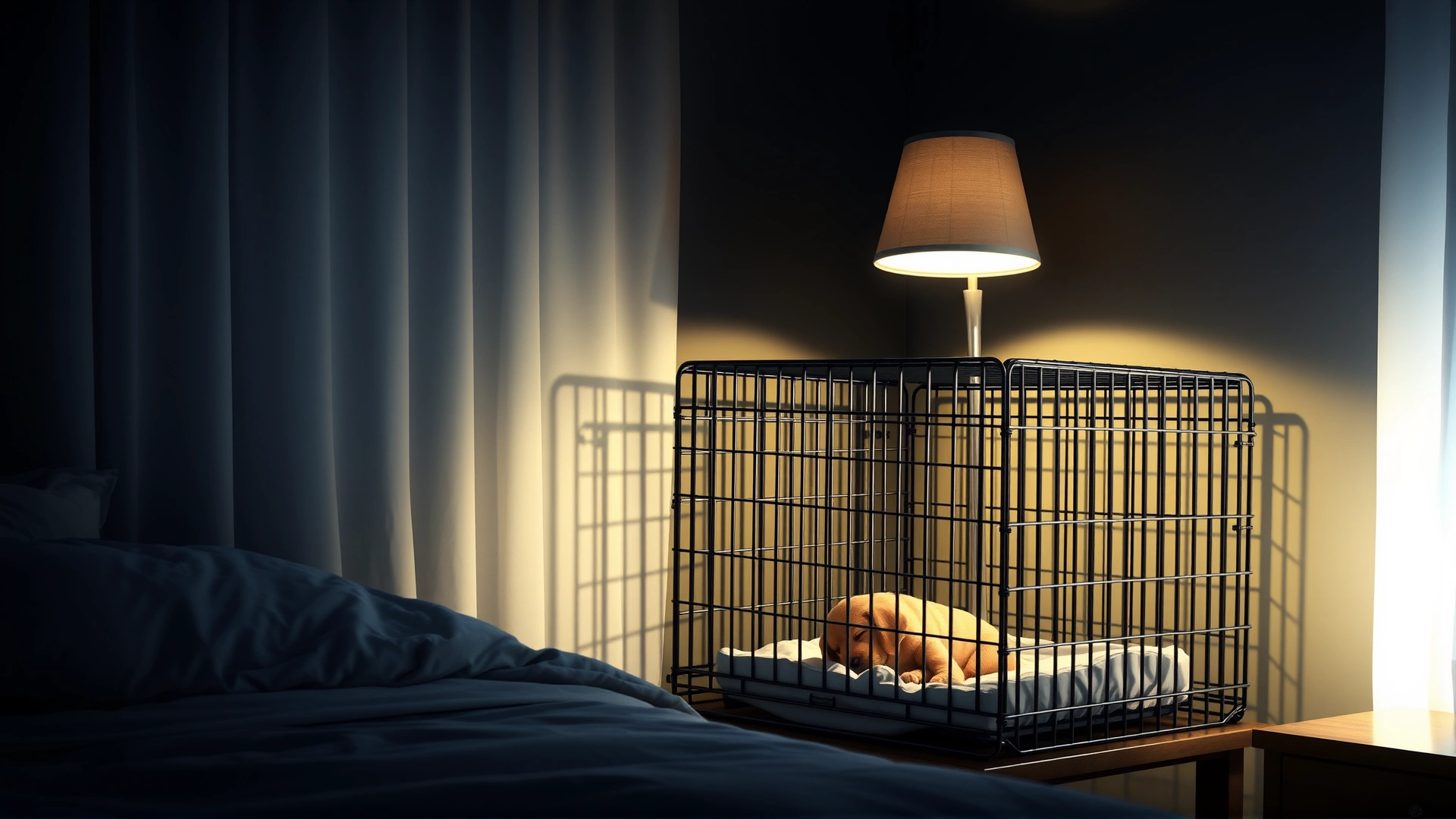 Dimly lit bedroom scene with a crate beside the bed, a puppy sleeping peacefully inside while a lamp casts a soft glow