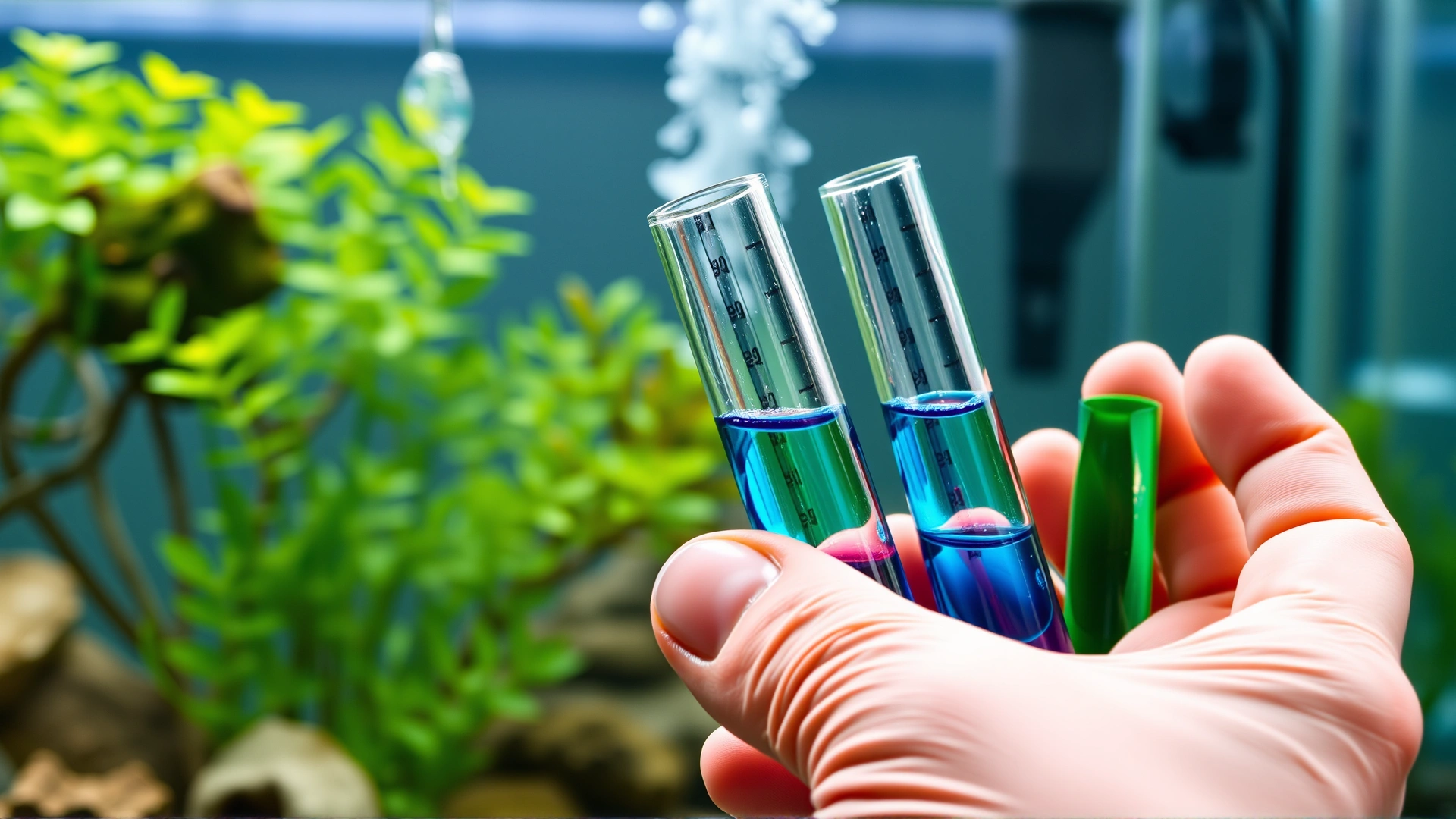 Close-up of a hand holding test tubes with colored water next to an aquarium, representing water testing during the nitrogen cycle.
