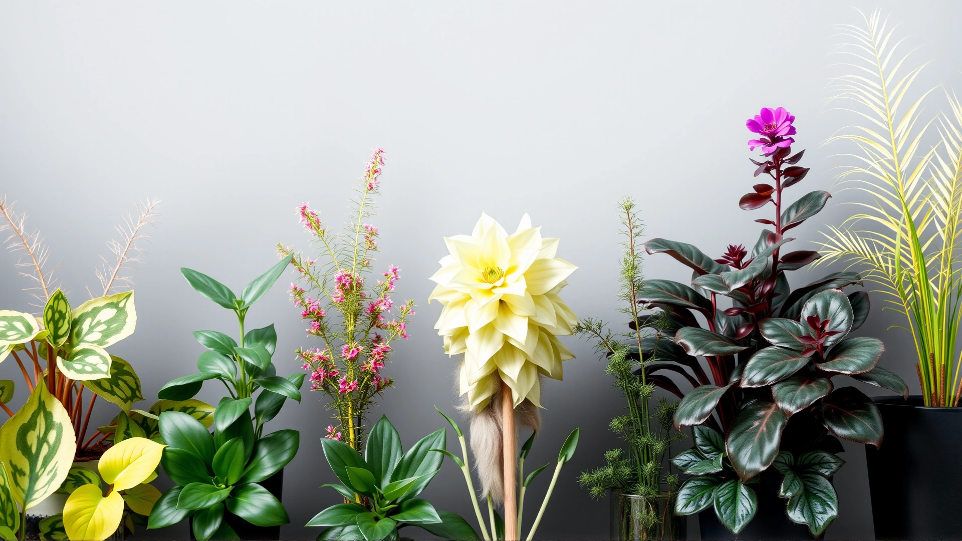 Selection of common houseplants known to be toxic to cats displayed on a neutral background, no text
