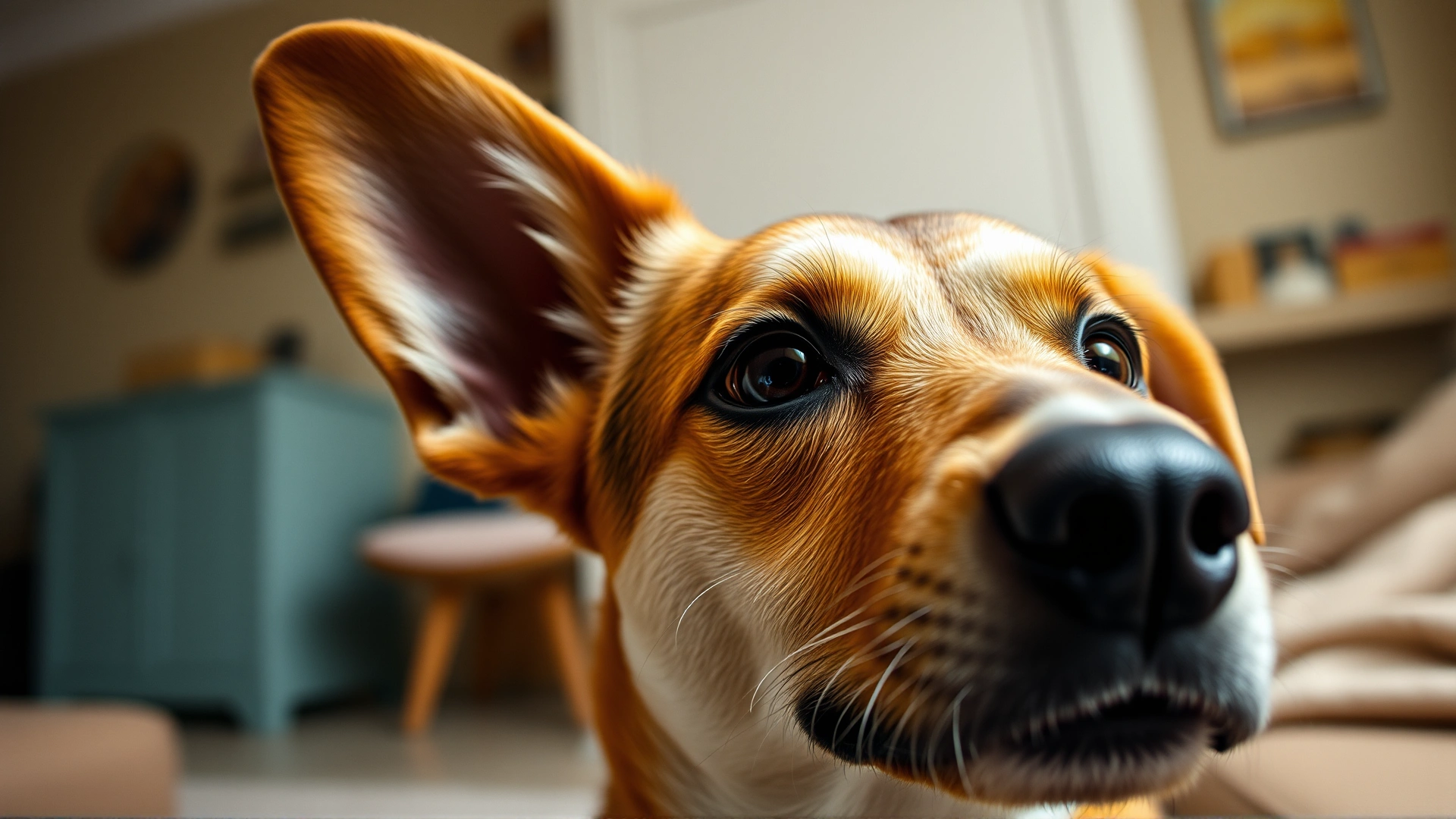 Close-up of a dog's face with ears back and wide eyes reacting to a loud sound source inside a home environment. Soft focus background, no text.