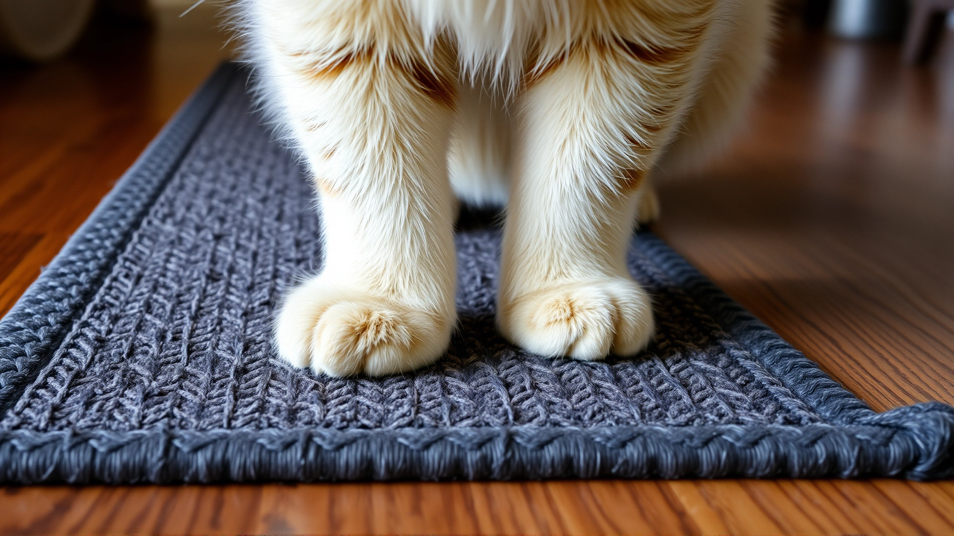 Close-up of a cat’s paws standing on a textured non-slip rug atop hardwood flooring