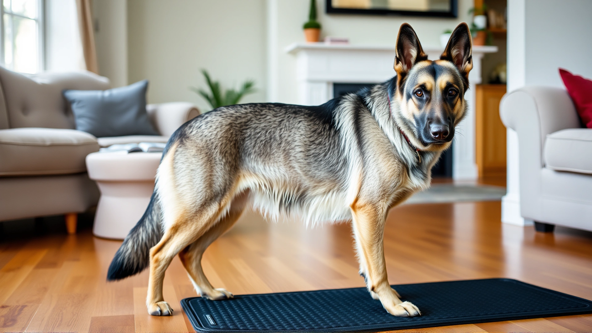 Gray senior German Shepherd standing confidently on a black rubber non-slip mat placed on a hardwood floor in a living room.