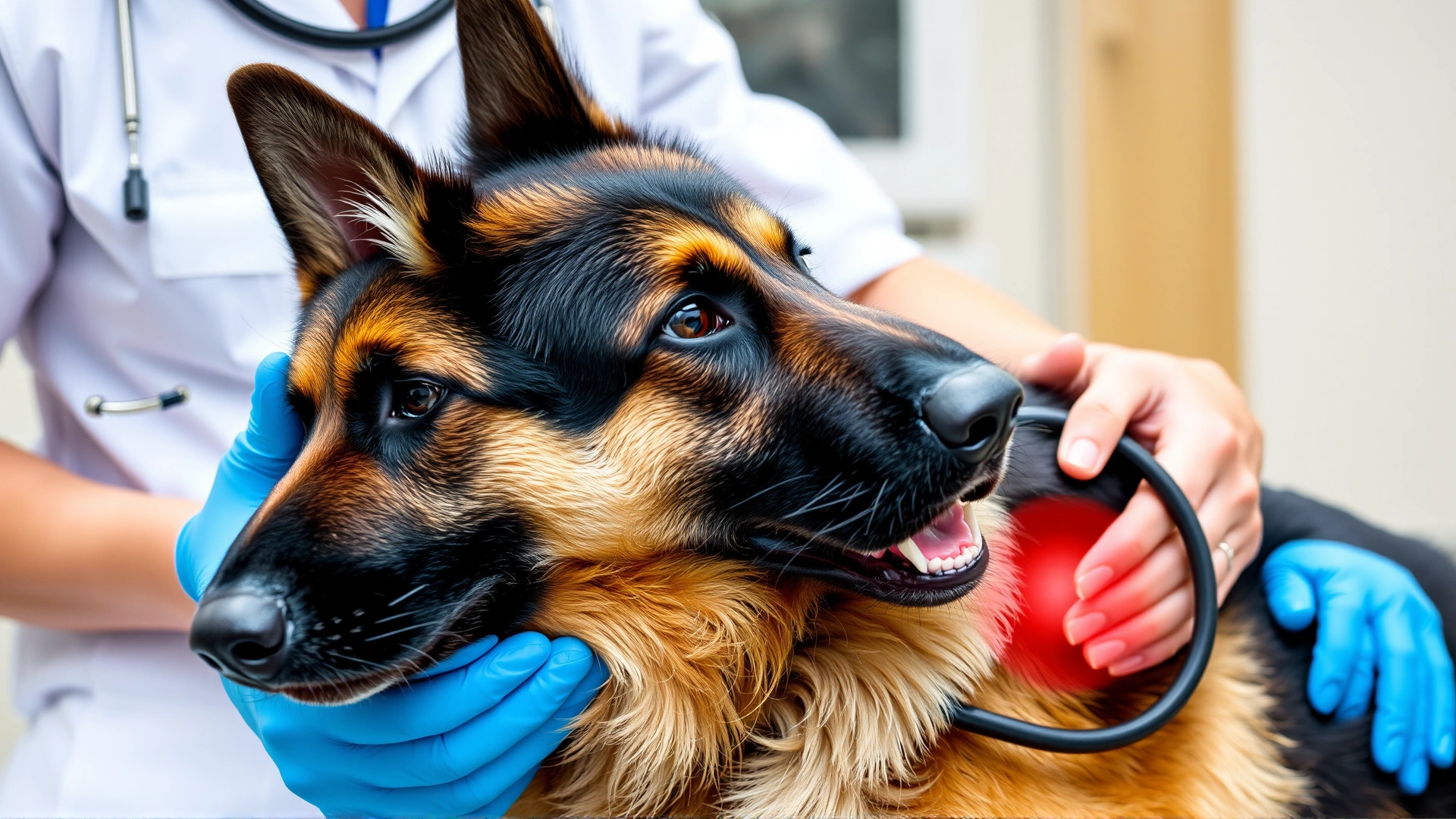 German shepherd being examined by a veterinarian for possible kidney issues, vet using stethoscope