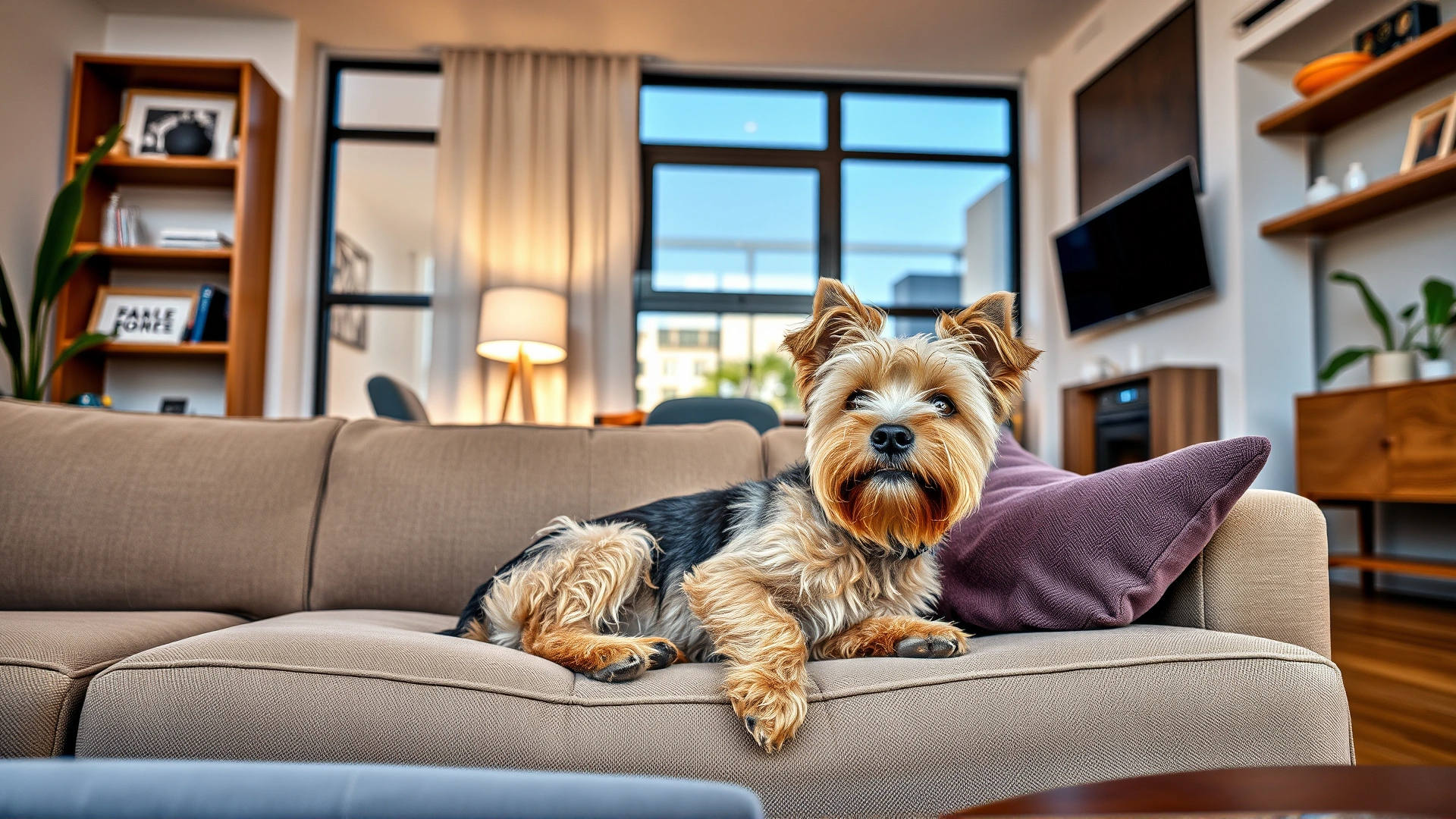 Norfolk Terrier lying on a couch in a modern apartment living room