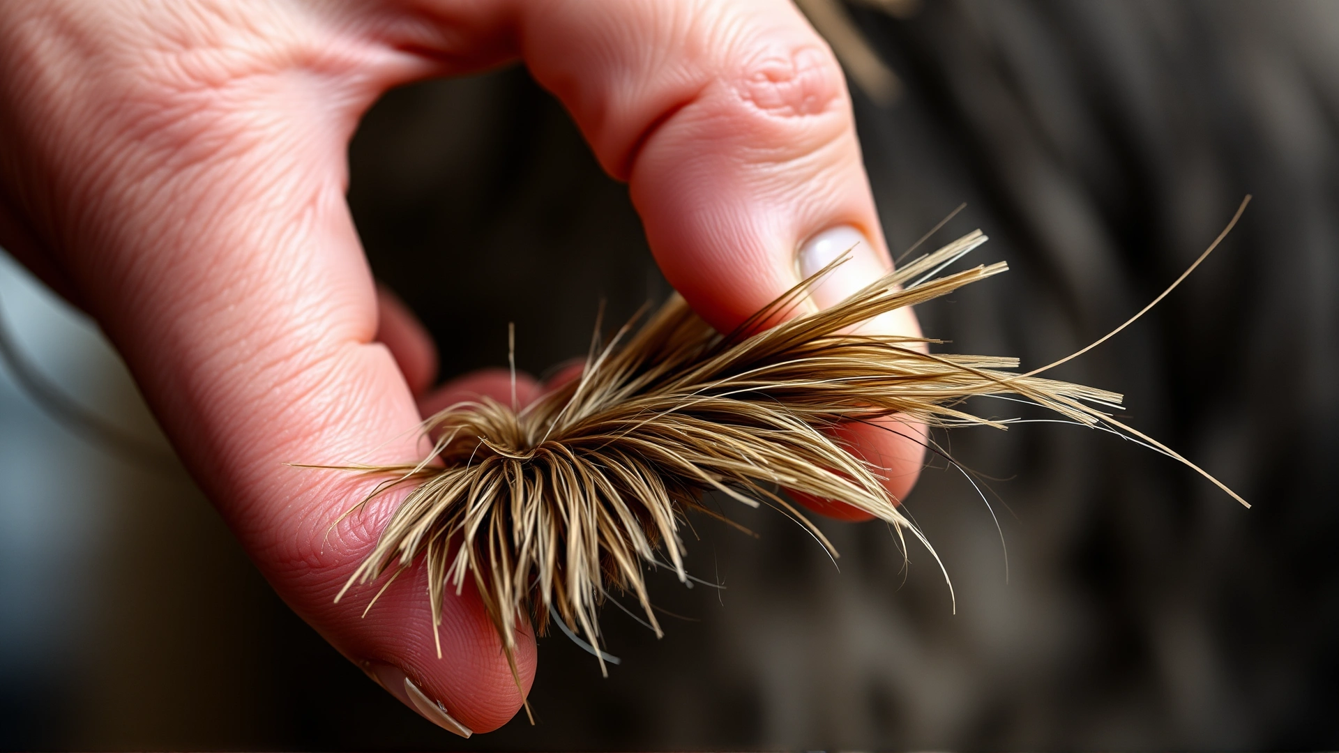 Close-up of hand holding a strip of wiry Norfolk Terrier fur during hand-stripping session