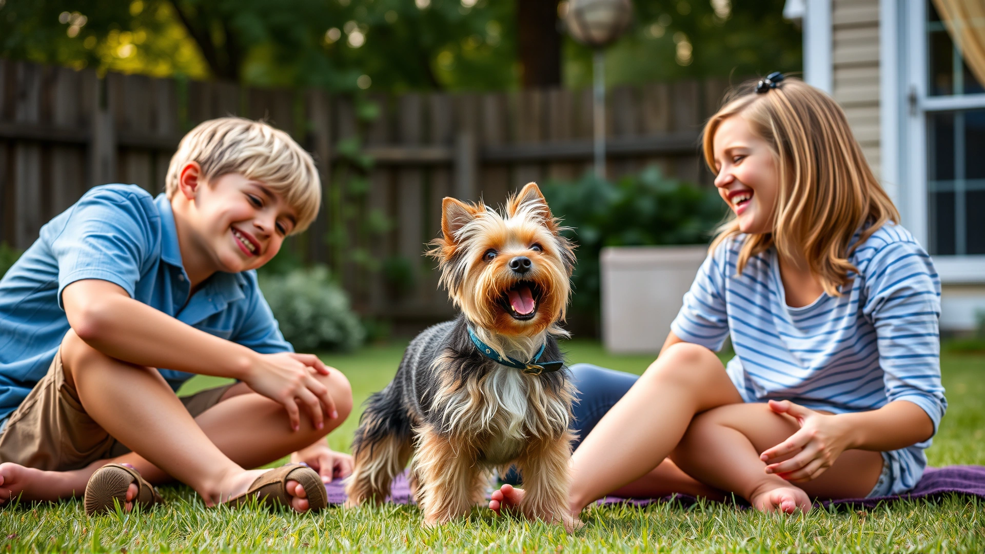 Family playing with a Norfolk Terrier in a backyard, kids laughing