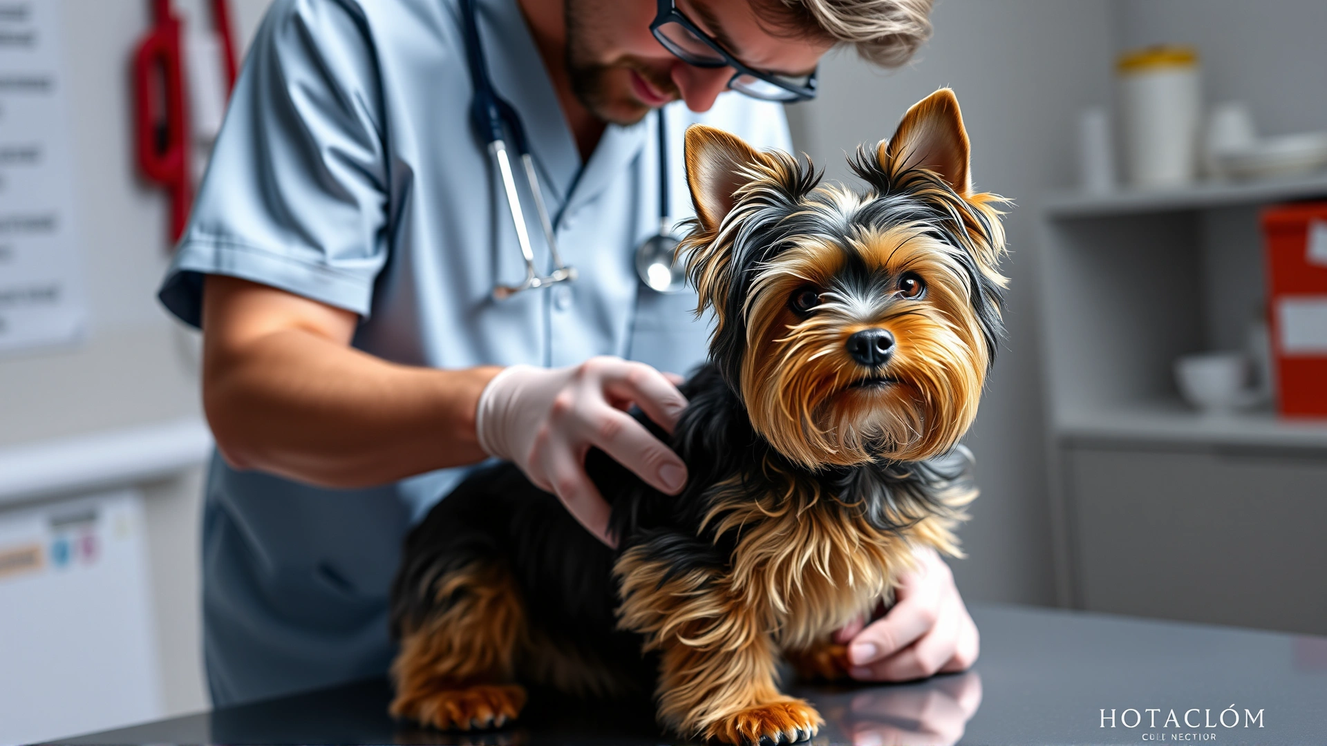 Veterinarian examining a Norfolk Terrier on a clinic table