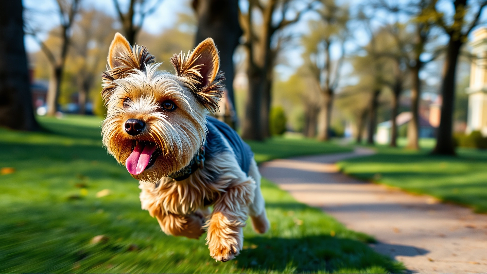 Norfolk Terrier running across a park with tongue out, motion blur
