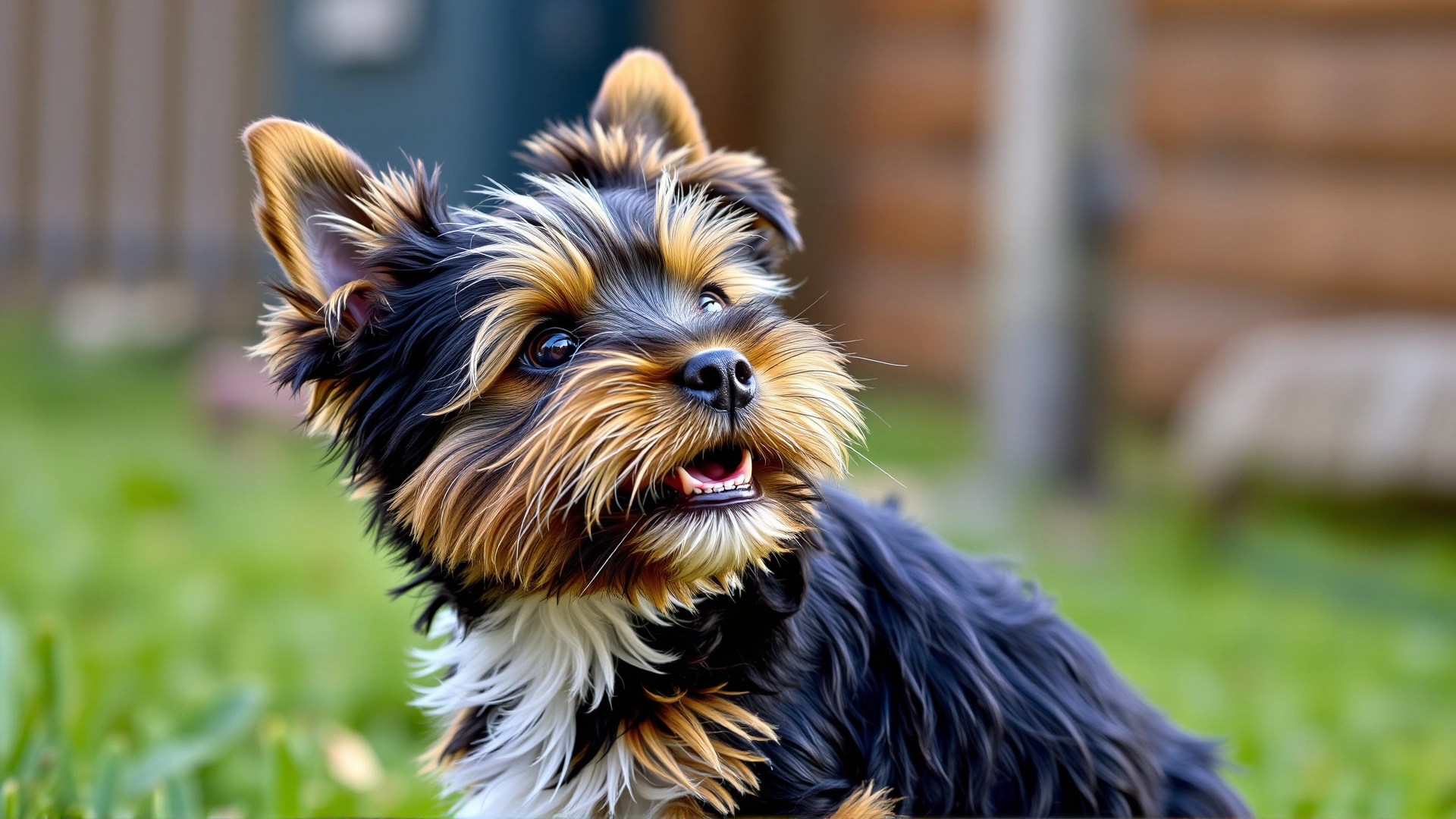 Norfolk Terrier puppy sitting outdoors, looking up with a happy expression