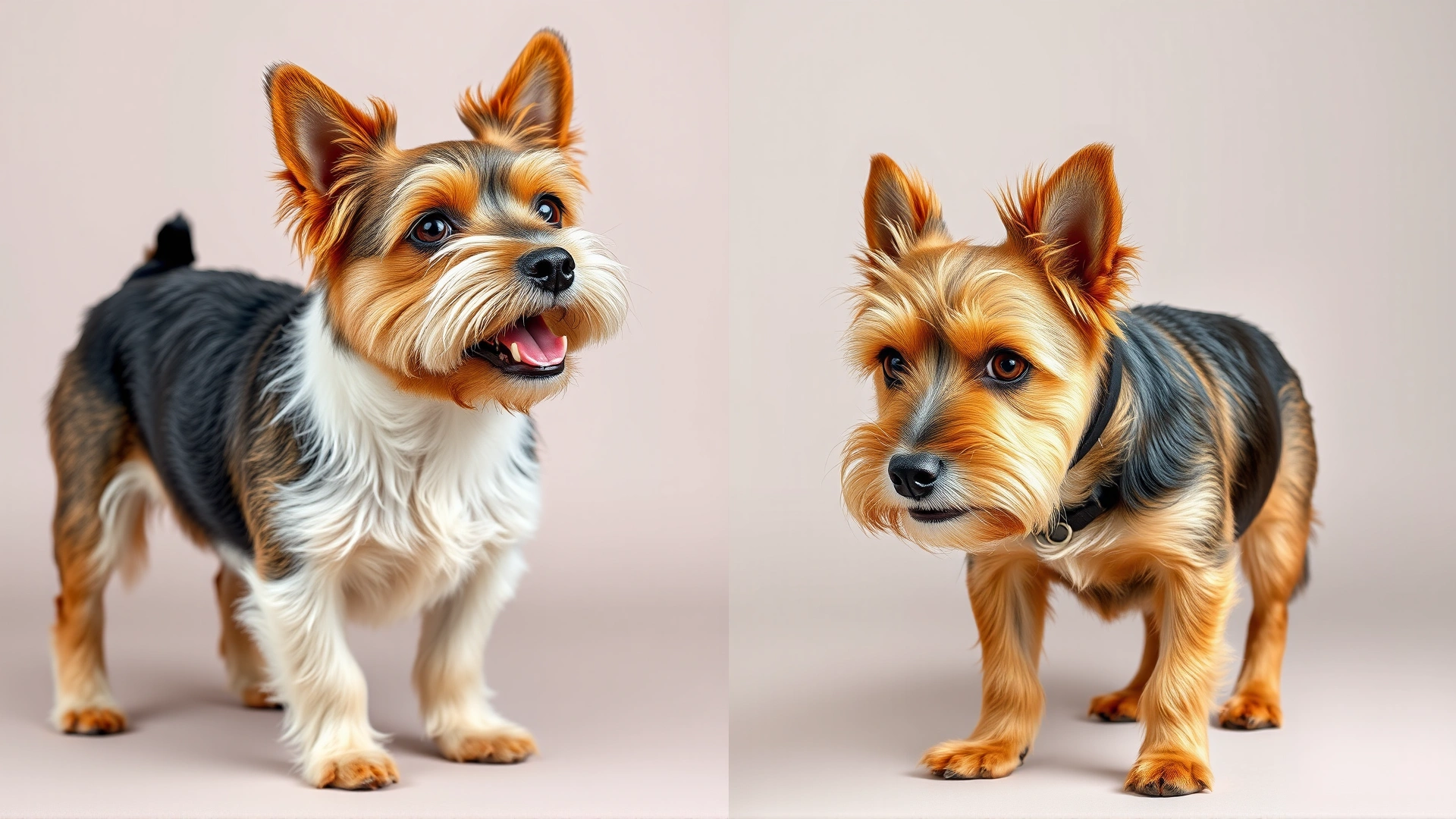 Side-by-side comparison of Norfolk Terrier with folded ears and Norwich Terrier with erect ears, both standing alert on a neutral background