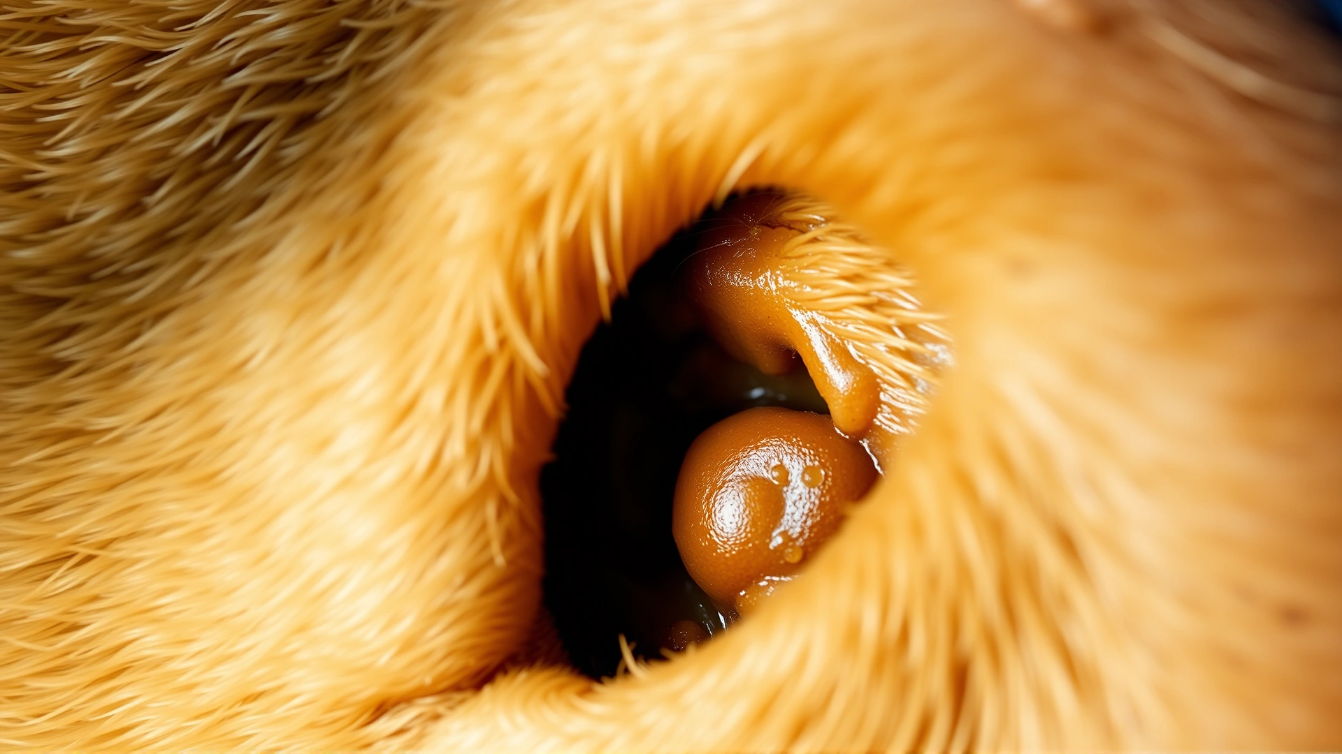Macro photograph of a healthy dog's ear canal showing light-brown, normal earwax without inflammation.