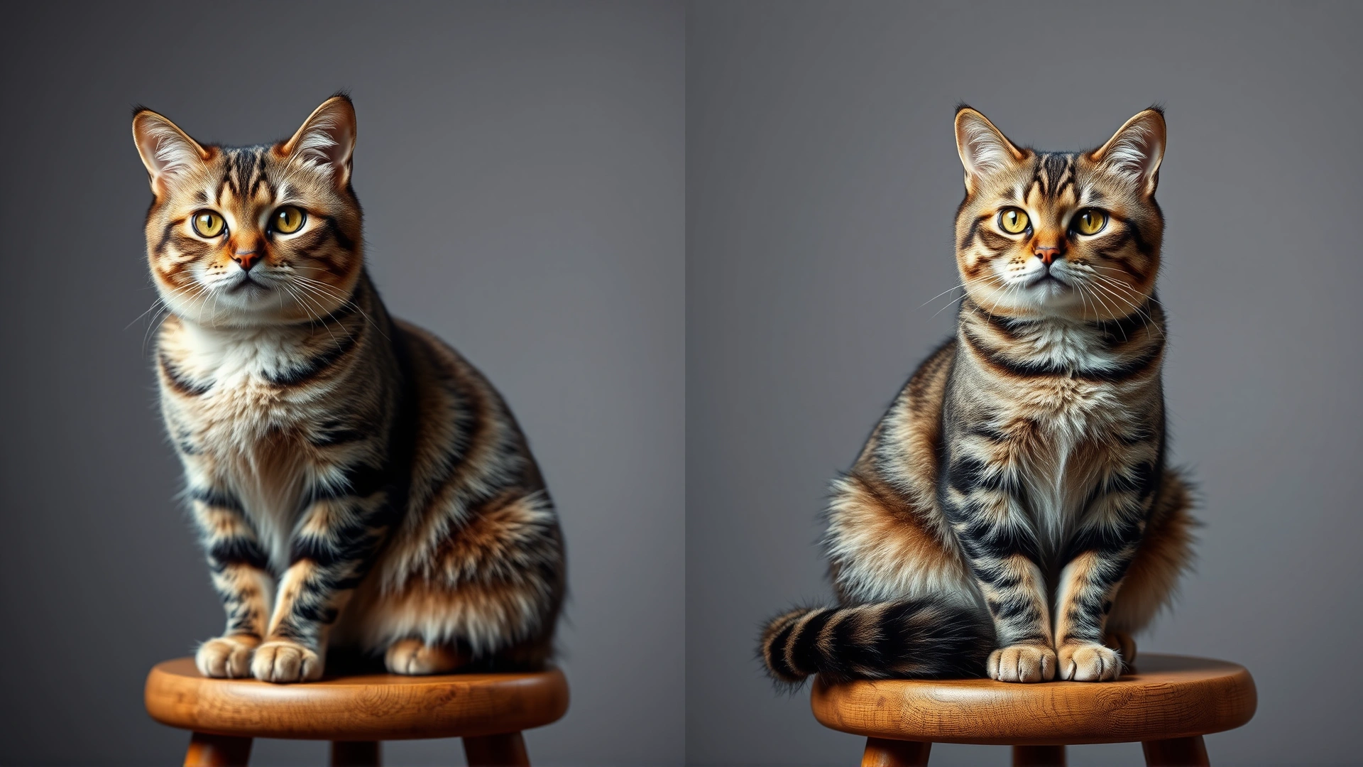 Side-by-side composition: left shows an average adult domestic short-hair cat, right shows a noticeably smaller adult cat of similar coat pattern, both sitting on identical stools for size contrast.