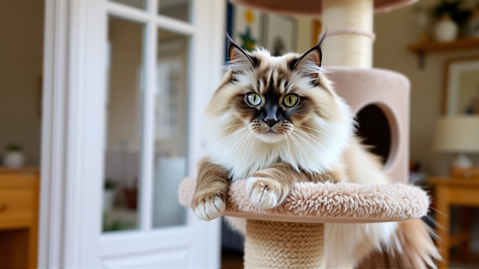 Norwegian Forest Cat with white coat climbing an indoor cat tree, bright interior scene, no text
