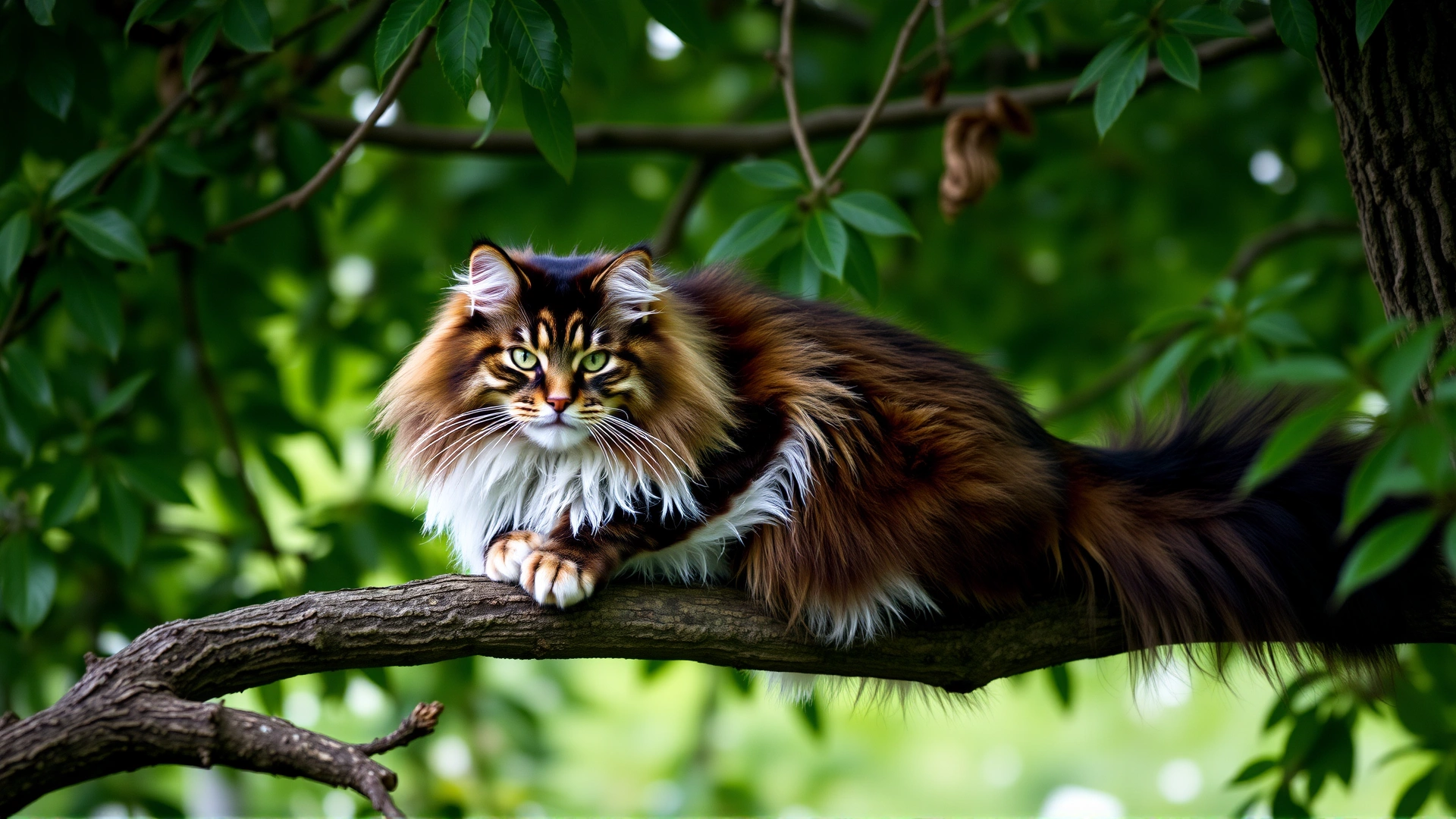 A Norwegian Forest Cat perched confidently on a tree branch surrounded by lush greenery, showcasing its natural athleticism