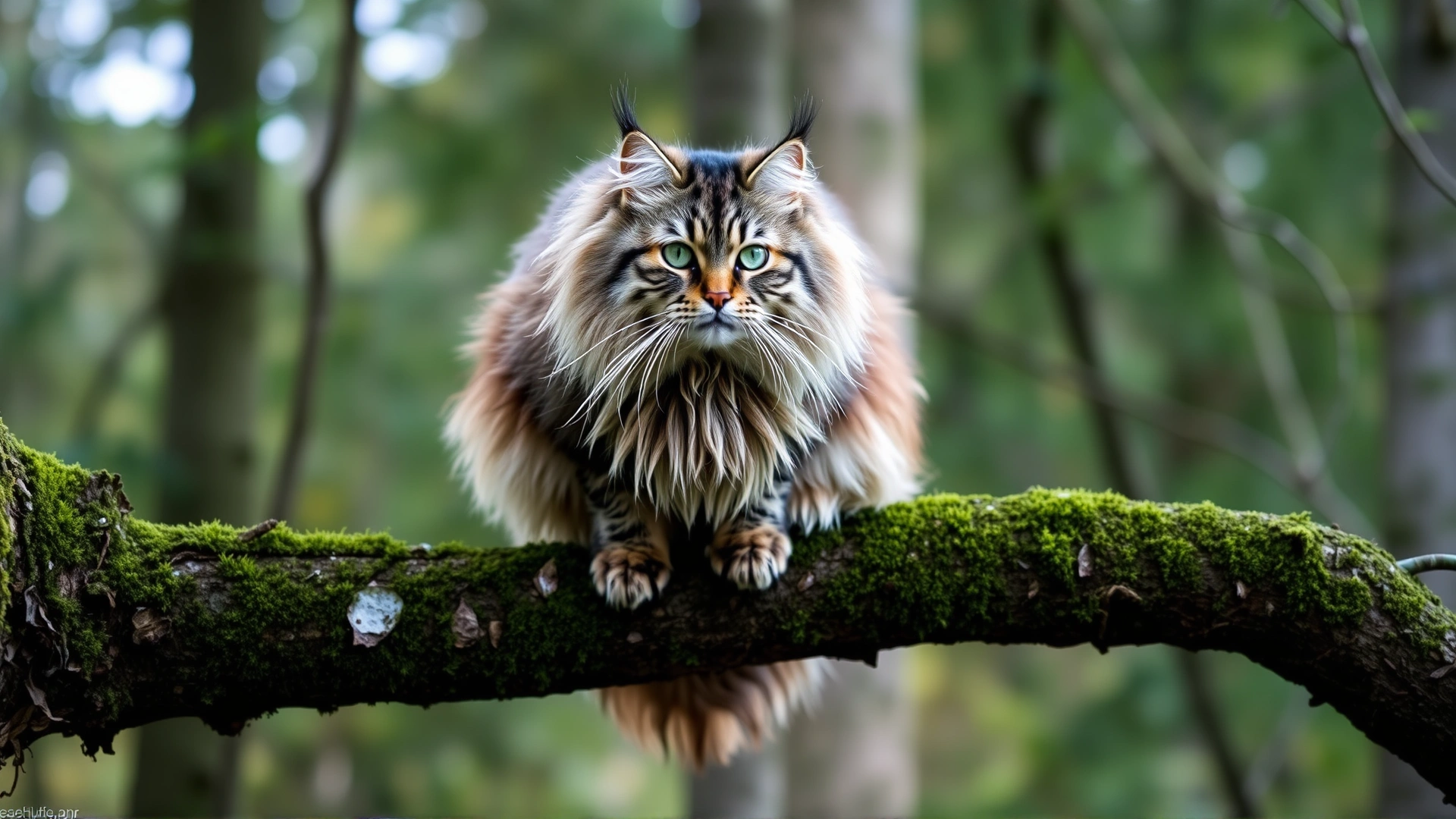 Norwegian Forest Cat perched on a mossy tree branch in a woodland setting, displaying its thick double coat.