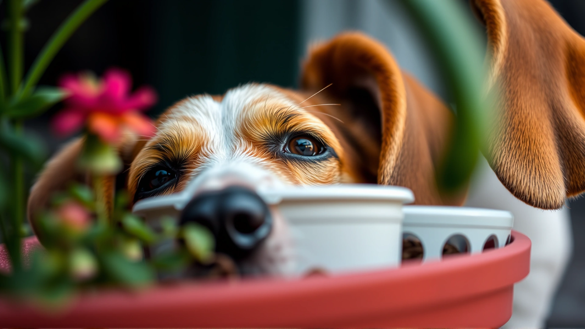 Close-up of a curious beagle sniffing a perforated container hidden behind a flower pot, shallow depth of field emphasizing the dog’s nose.