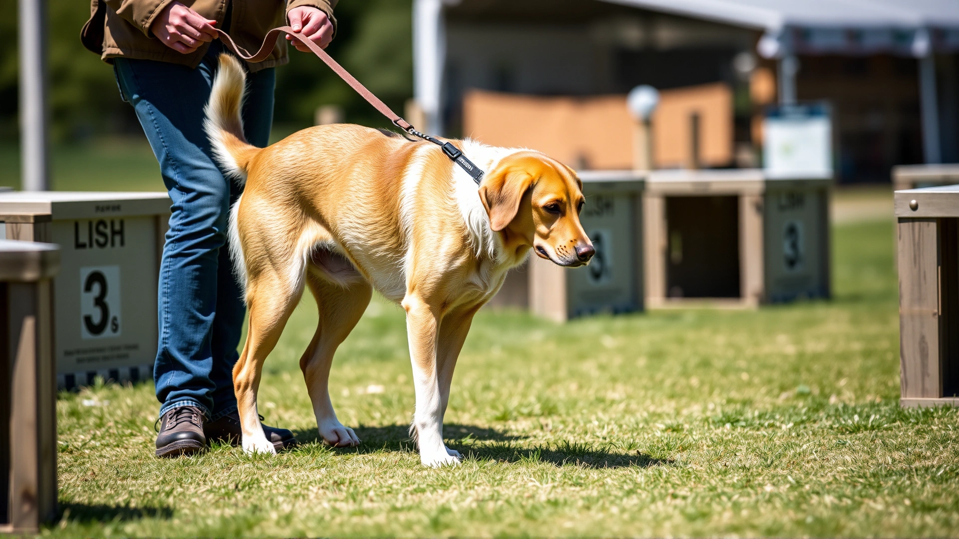 Handler guiding a Bracco Italiano through an outdoor scent-work course with numbered boxes, dog sniffing intently mid-action.