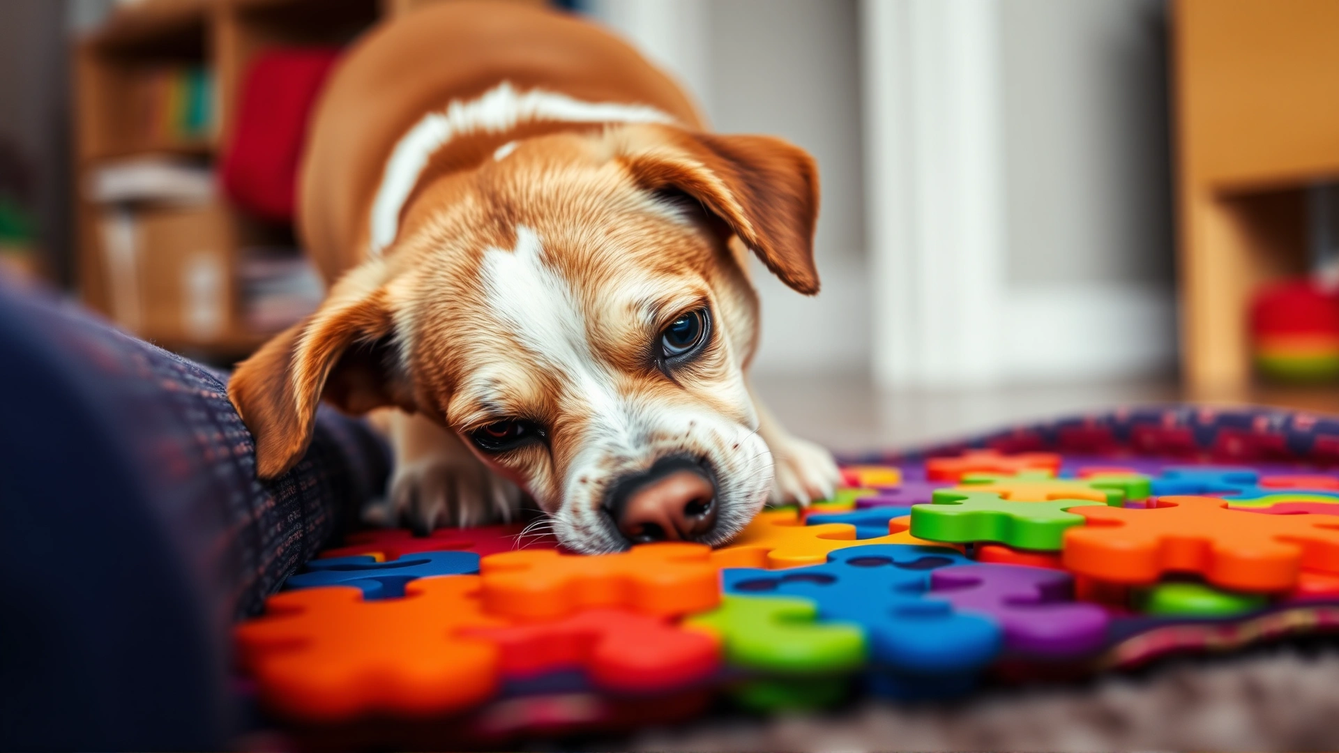 A close-up of a curious dog sniffing at a colorful snuffle mat puzzle toy indoors