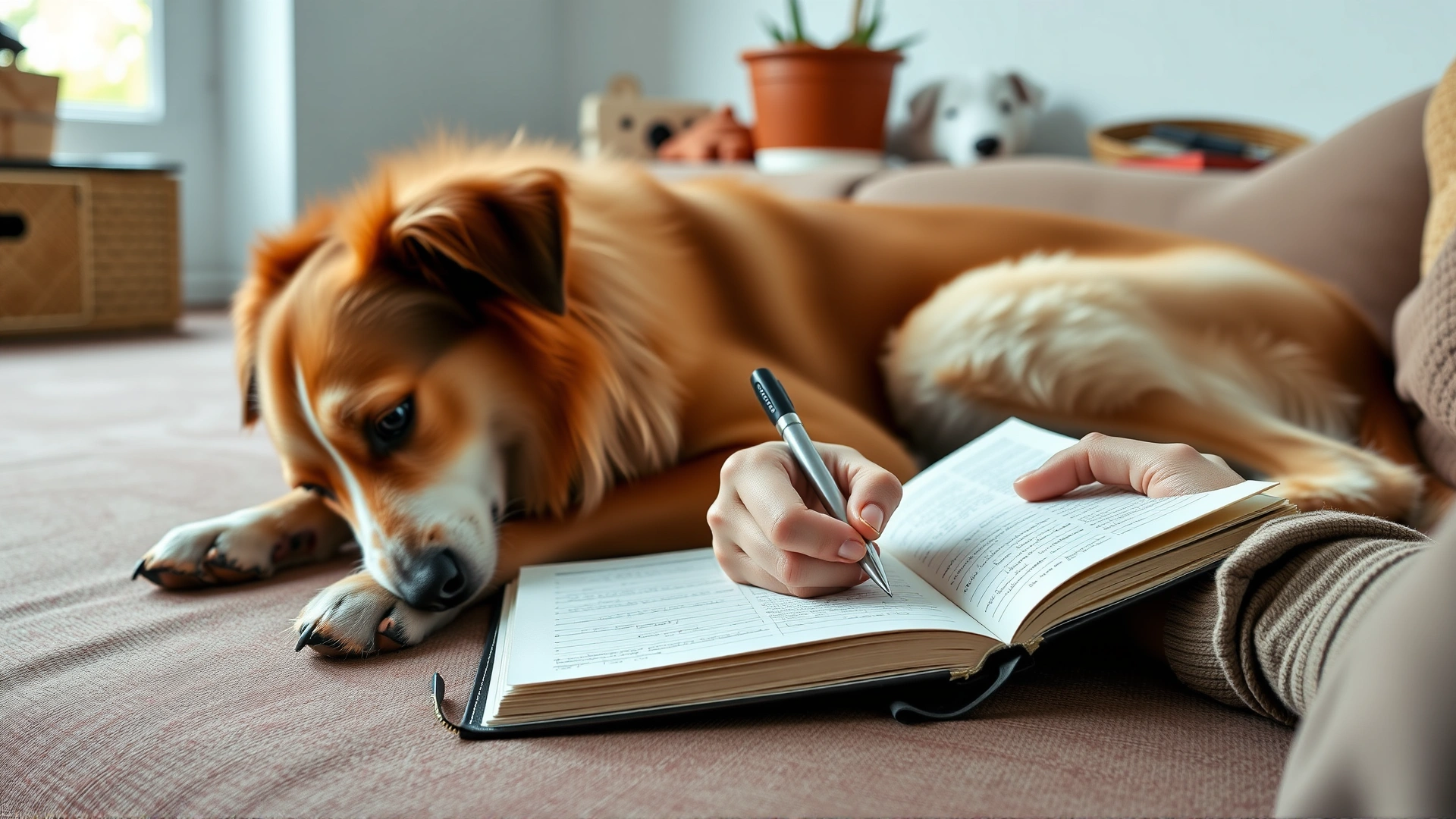 Person writing notes about dog's behavior in a journal while dog rests nearby at home.