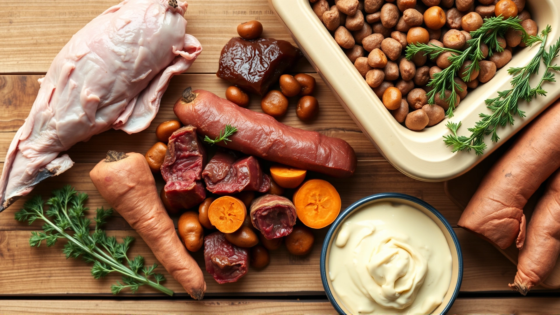 Flat lay of novel protein sources for dog food such as duck, venison, and sweet potatoes neatly arranged on wooden table