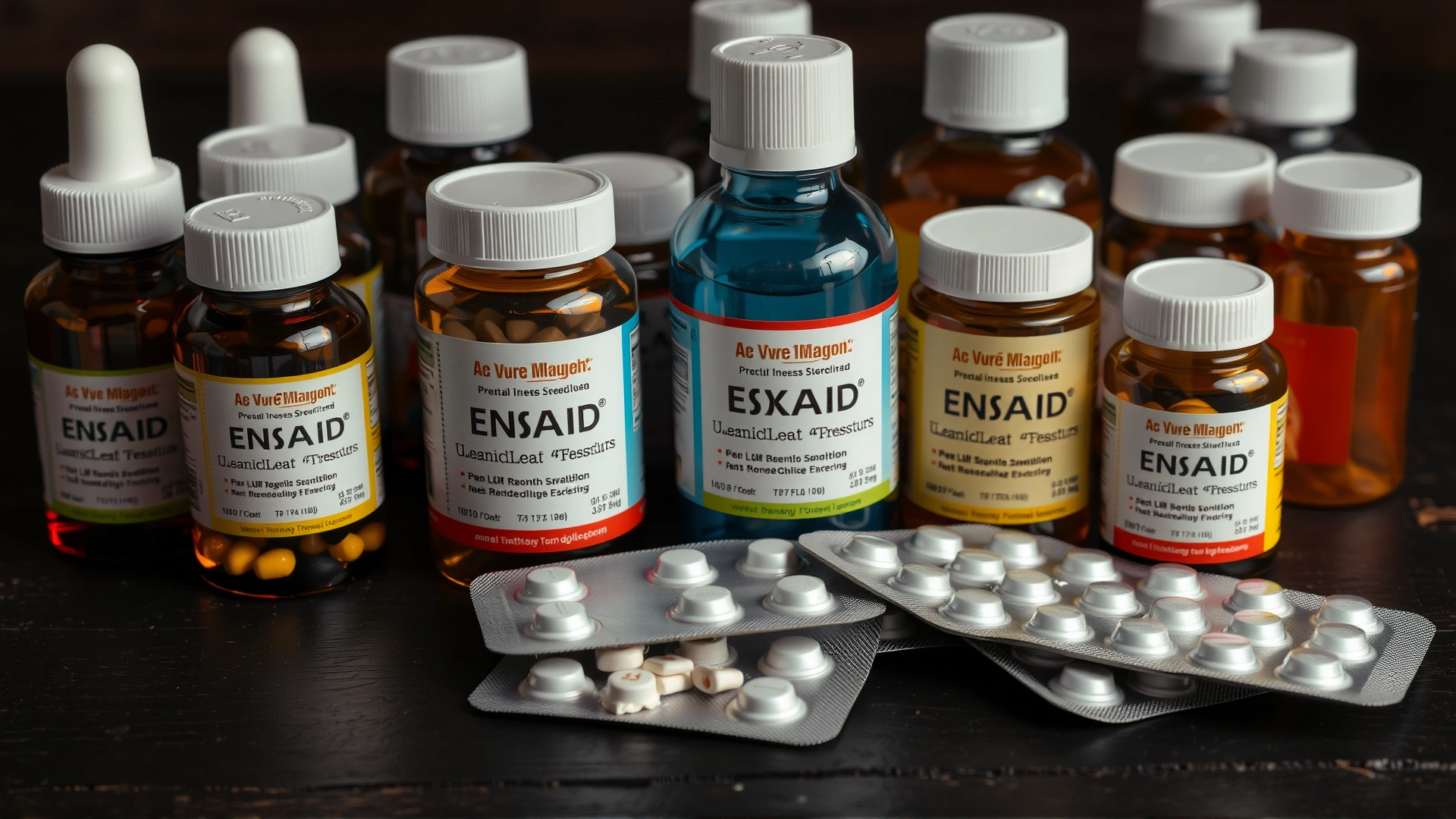 Studio photograph of assorted unbranded equine NSAID bottles and blister packs arranged neatly on a dark wooden surface.