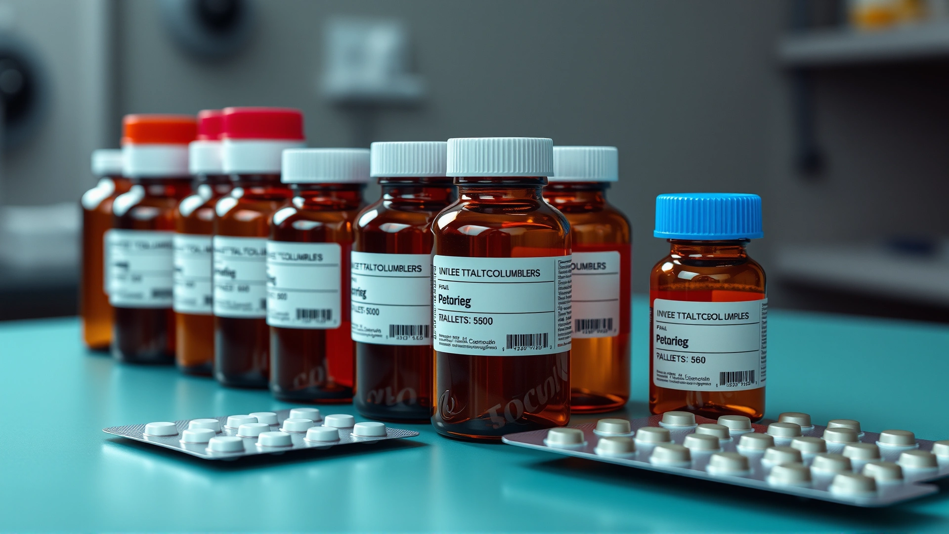 Assorted unlabeled amber pill bottles and blister packs on a veterinary exam table.