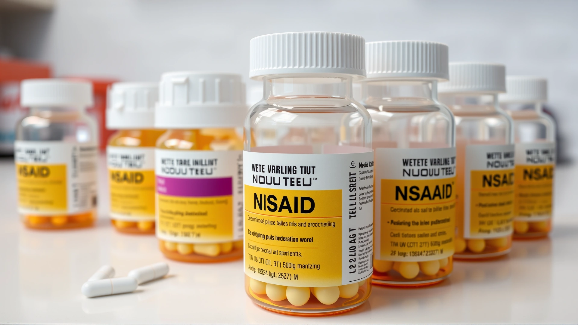 Close-up photograph of several veterinary NSAID pill bottles neatly arranged on a white countertop, clear labels visible but without specific brand names