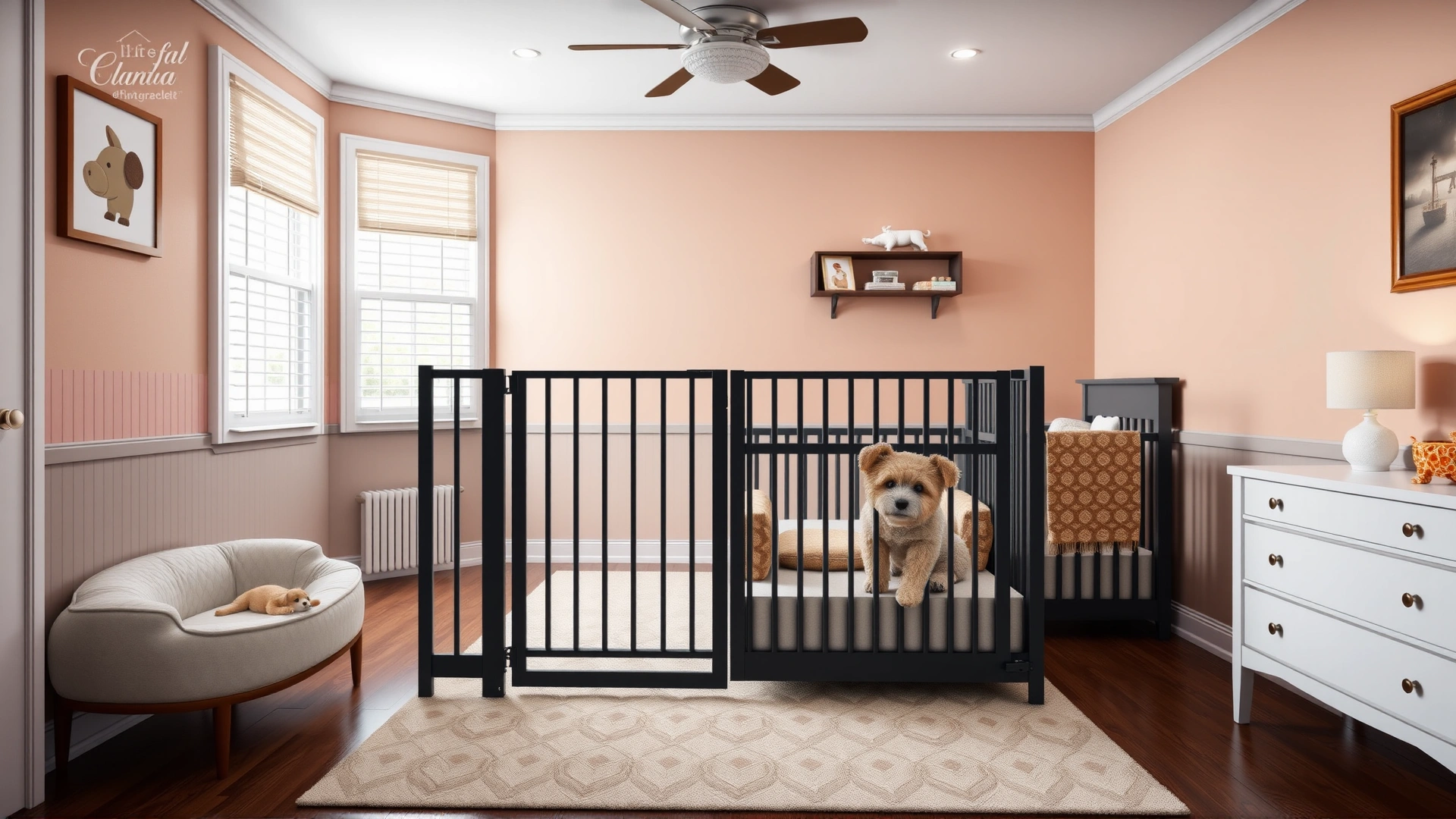 Baby nursery separated by a baby gate, dog bed on one side and crib on the other, illustrating designated zones