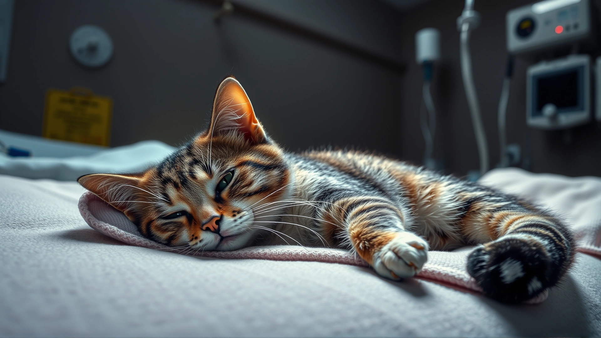 Cat resting on a soft blanket inside a quiet, dimly lit recovery room with an IV line visible, calm atmosphere